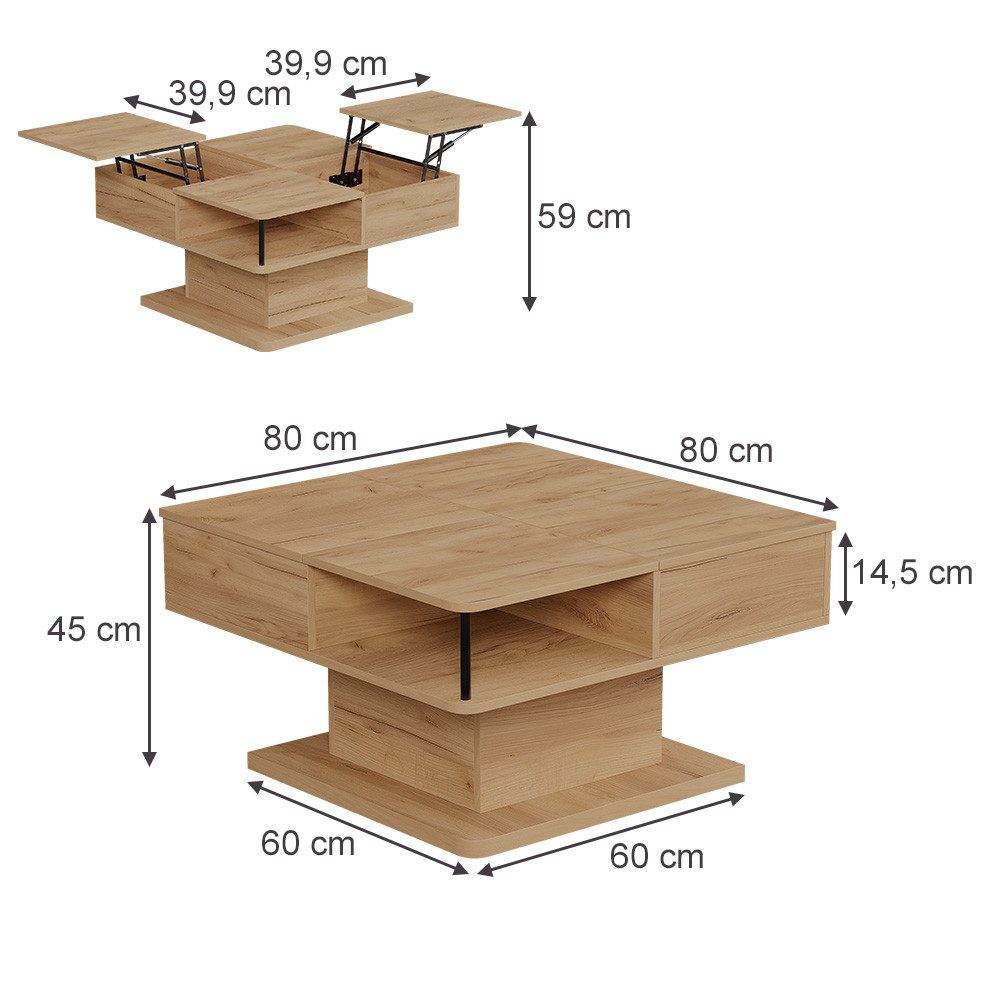 Vicco Couchtisch Movira, Goldkraft Eiche, 80 x 45 cm mit Staufächern (1-St)
