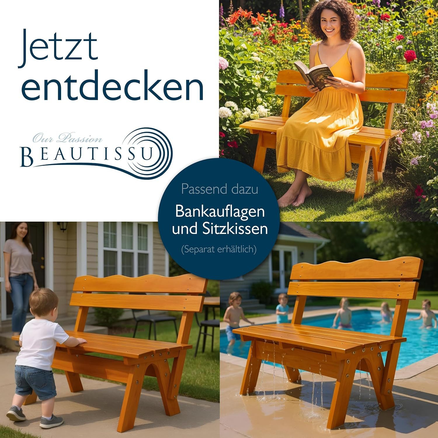 Beautissu Gartenbank Gartenbank Wetterfest Holz 2 Sitzer 120 cm breit Tromsö, Garten Holzbank Outdoor Robustes & Lackiertes Massivholz