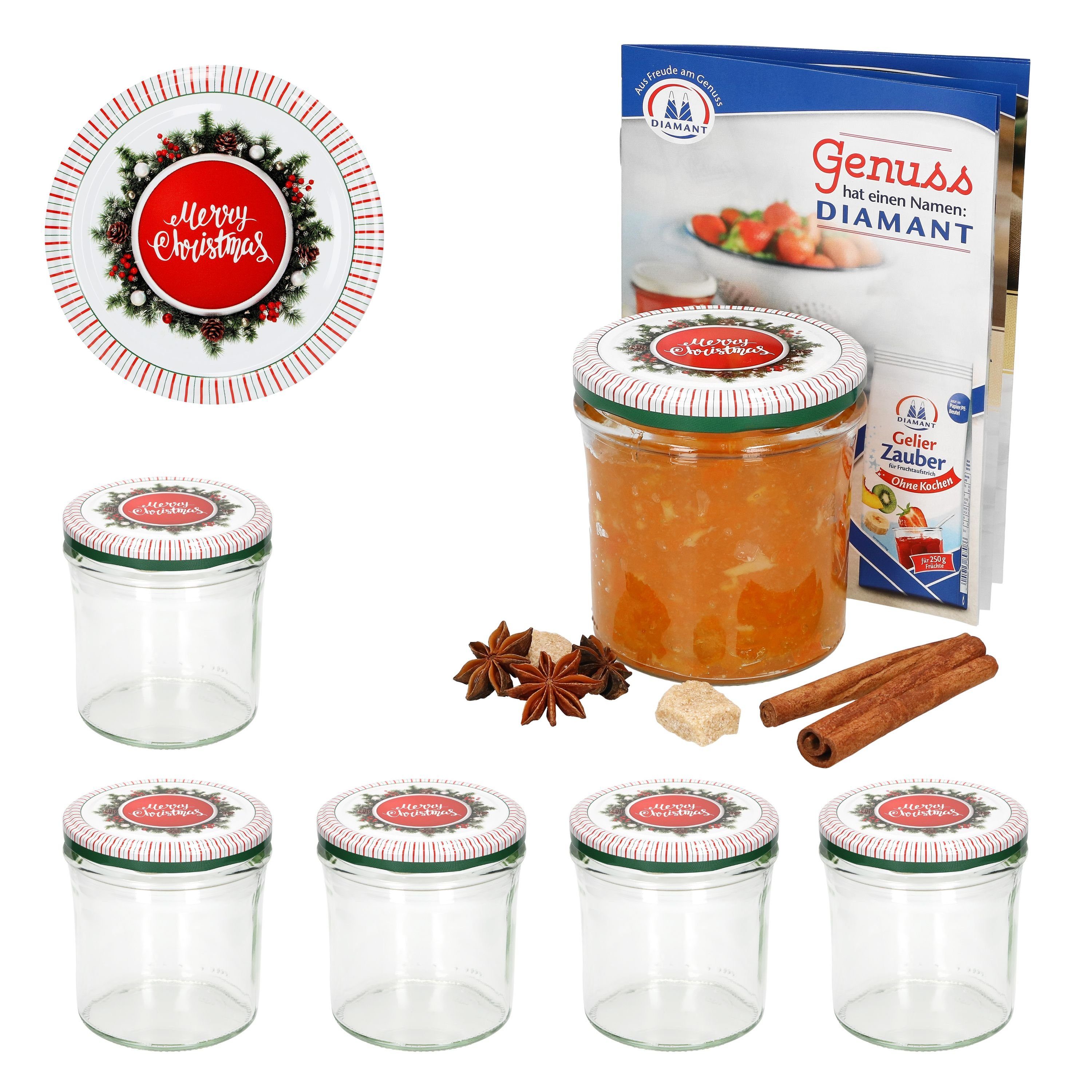 MamboCat Einmachglas 6er Set Sturzglas 350 ml To 82 Merry Christmas Deckel incl. Rezeptheft, Glas