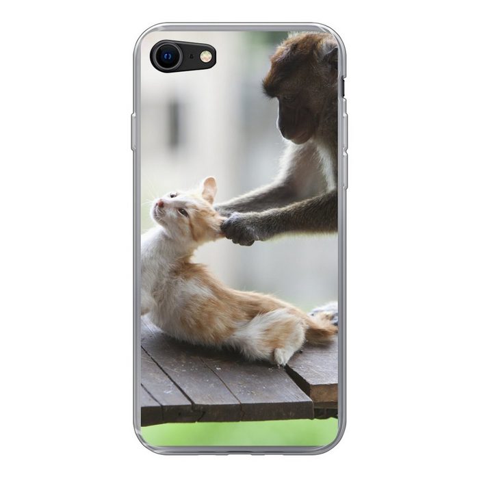 MuchoWow Handyhülle Katze - Affe - Holz Handyhülle Apple iPhone SE (2020) Smartphone-Bumper Print Handy