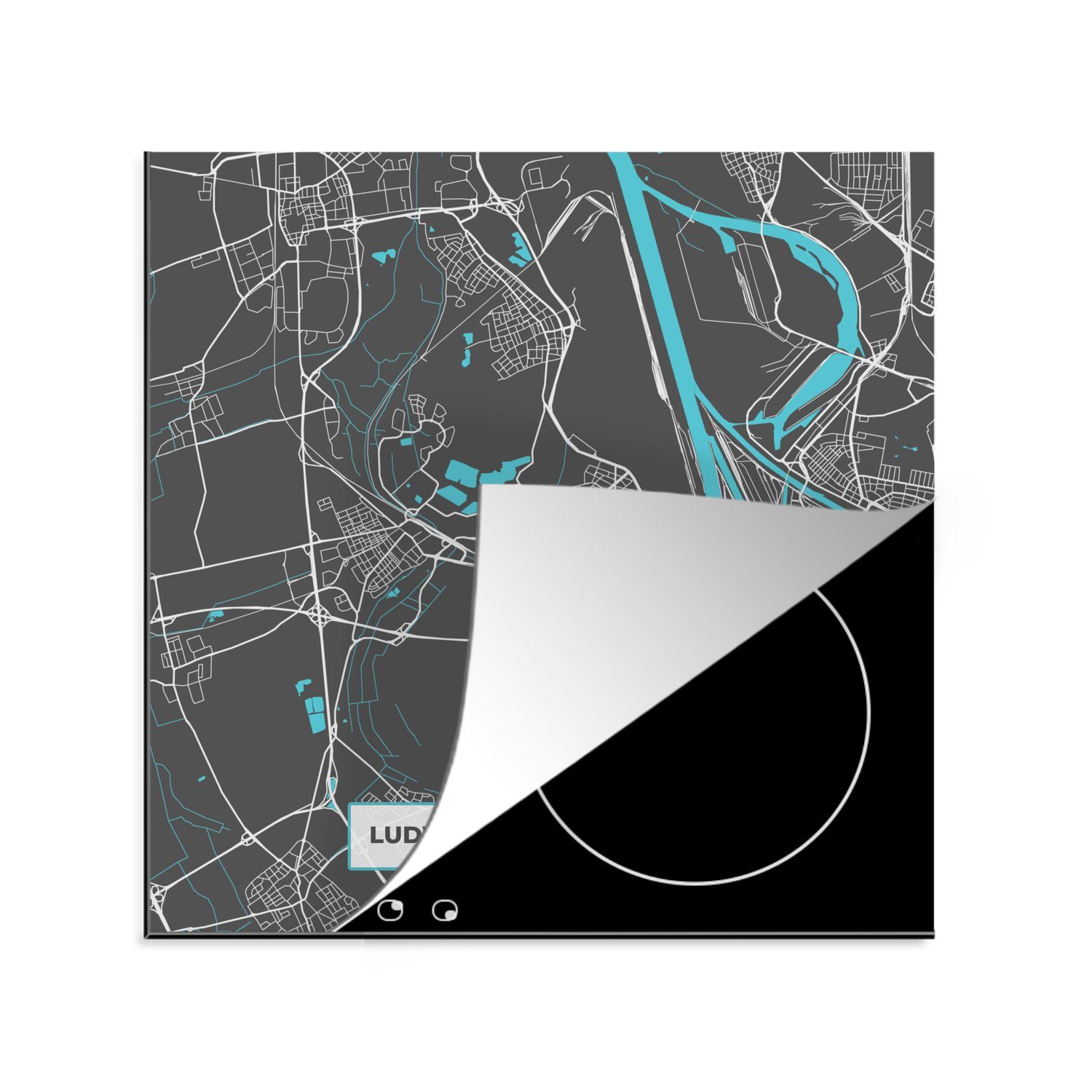 MuchoWow Herdblende-/Abdeckplatte Karte - Ludwigshafen am Rhein - Blau - Stadtplan - Deutschland, Vinyl, (1 tlg), 78x78 cm, Ceranfeldabdeckung, Arbeitsplatte für küche