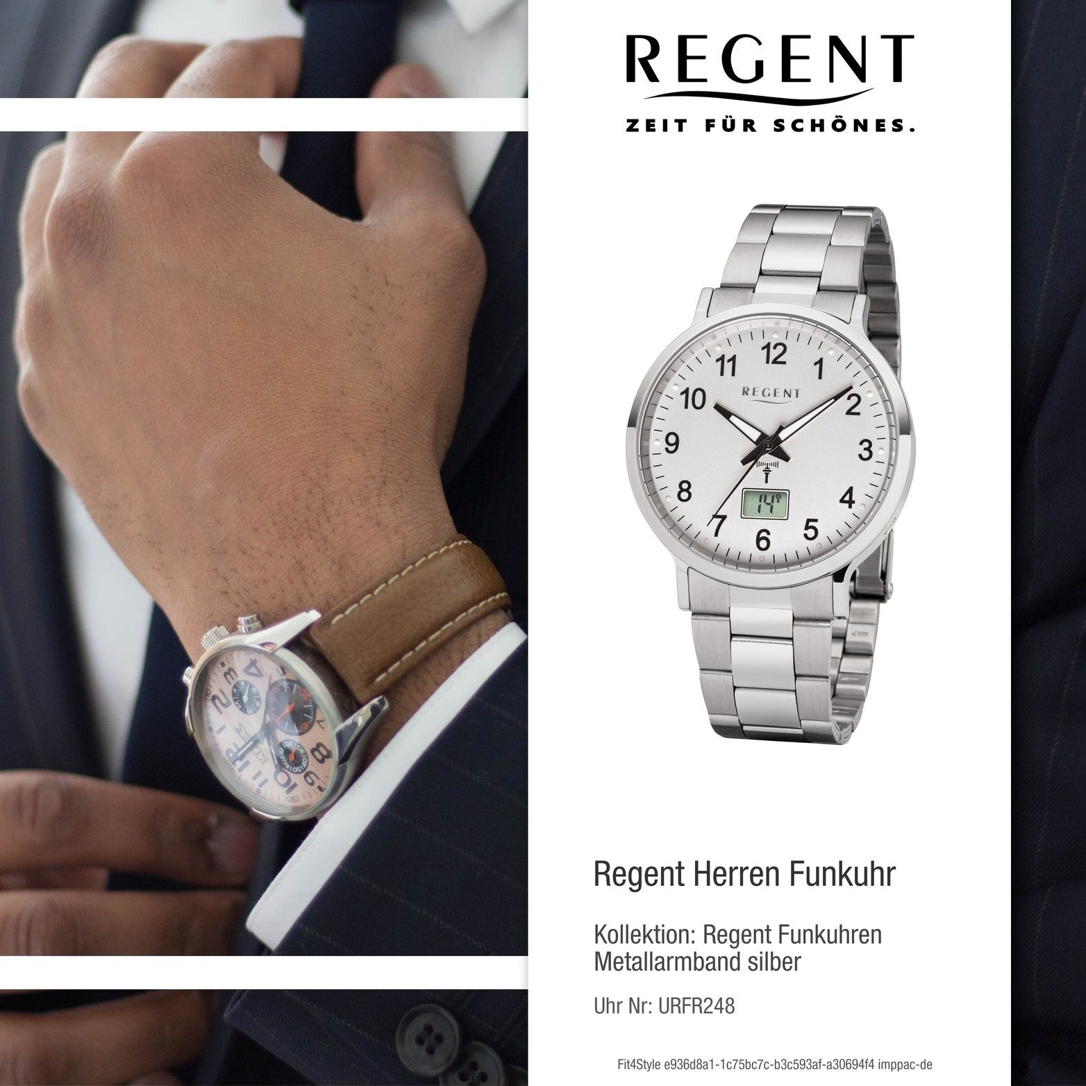 Metallarmband, Funkuhr Herren Elegant-Style Gehäuse Metall Herrenuhr Regent Regent mit 40mm), (ca. Uhr rundes FR-248,