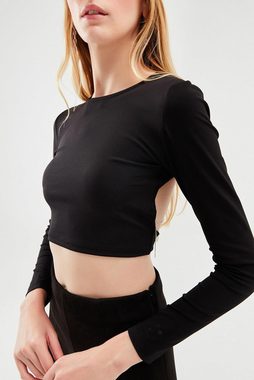 QUZU Crop-Top Rückenfreies Langärmliges Top in Schwarz (1tlg)