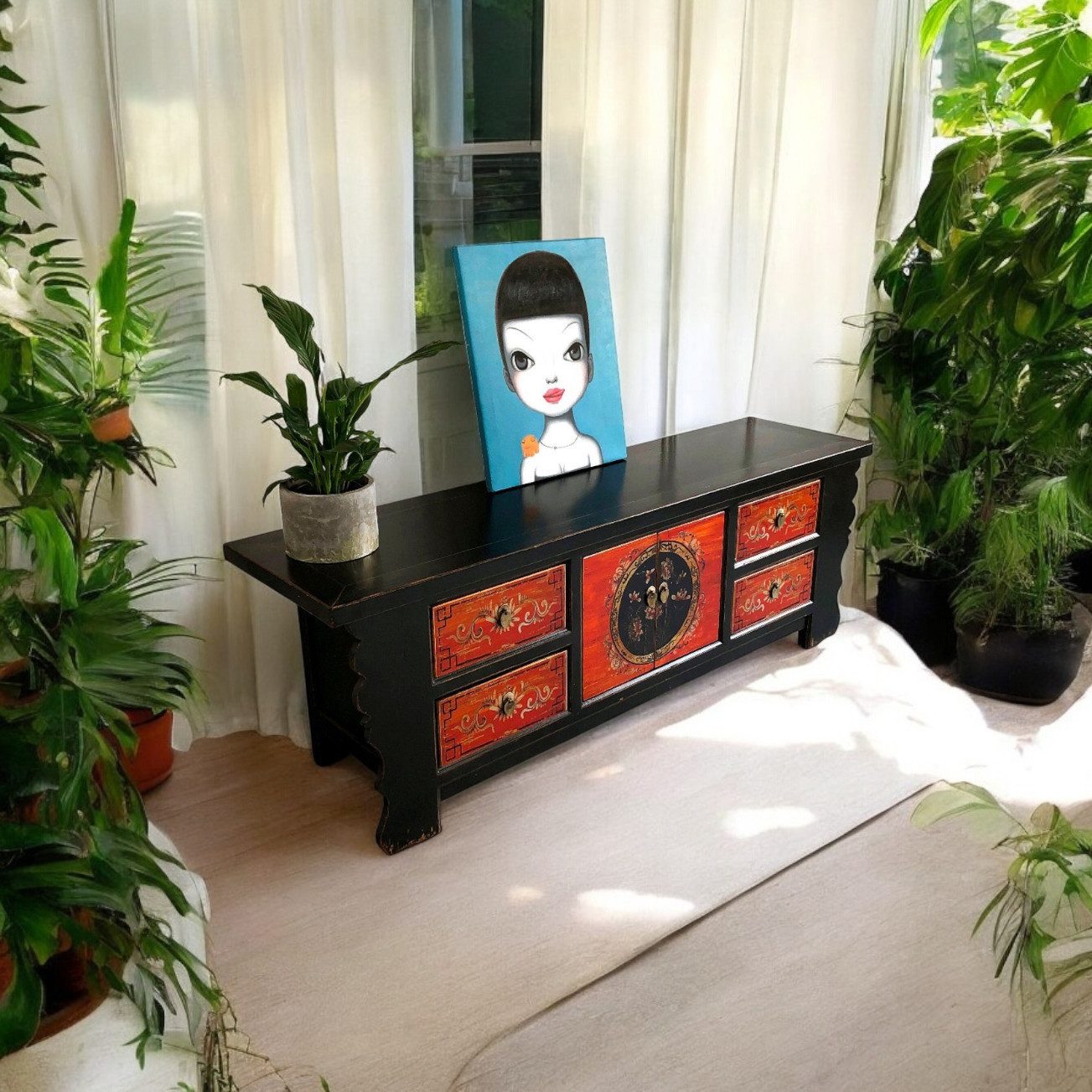 OPIUM OUTLET Kommode Asiatische Möbel Chinesischer Schrank Orientalisches TV Lowboard (Vintage Landhaus-Stil, Asia Sideboard komplett montiert), Breite x Tiefe x Höhe: 177 cm x 45 cm x 60 cm