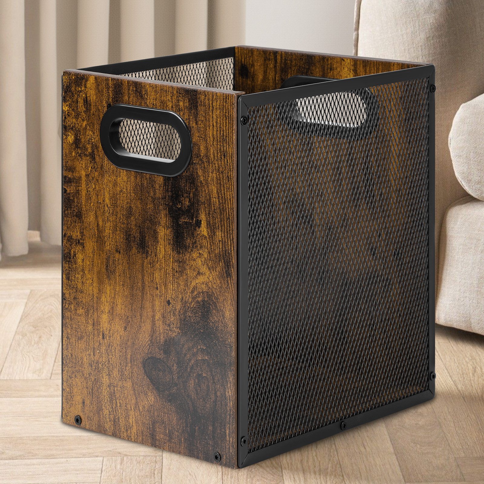 JOYOLEDER Papierkorb Retro-Büro-Papierkorb, Eisen und Holz, Kombination Schlafzimmer, Abfalleimer mit Griff, Industrie-Stil, Mülleimer für Zuhause, Büro