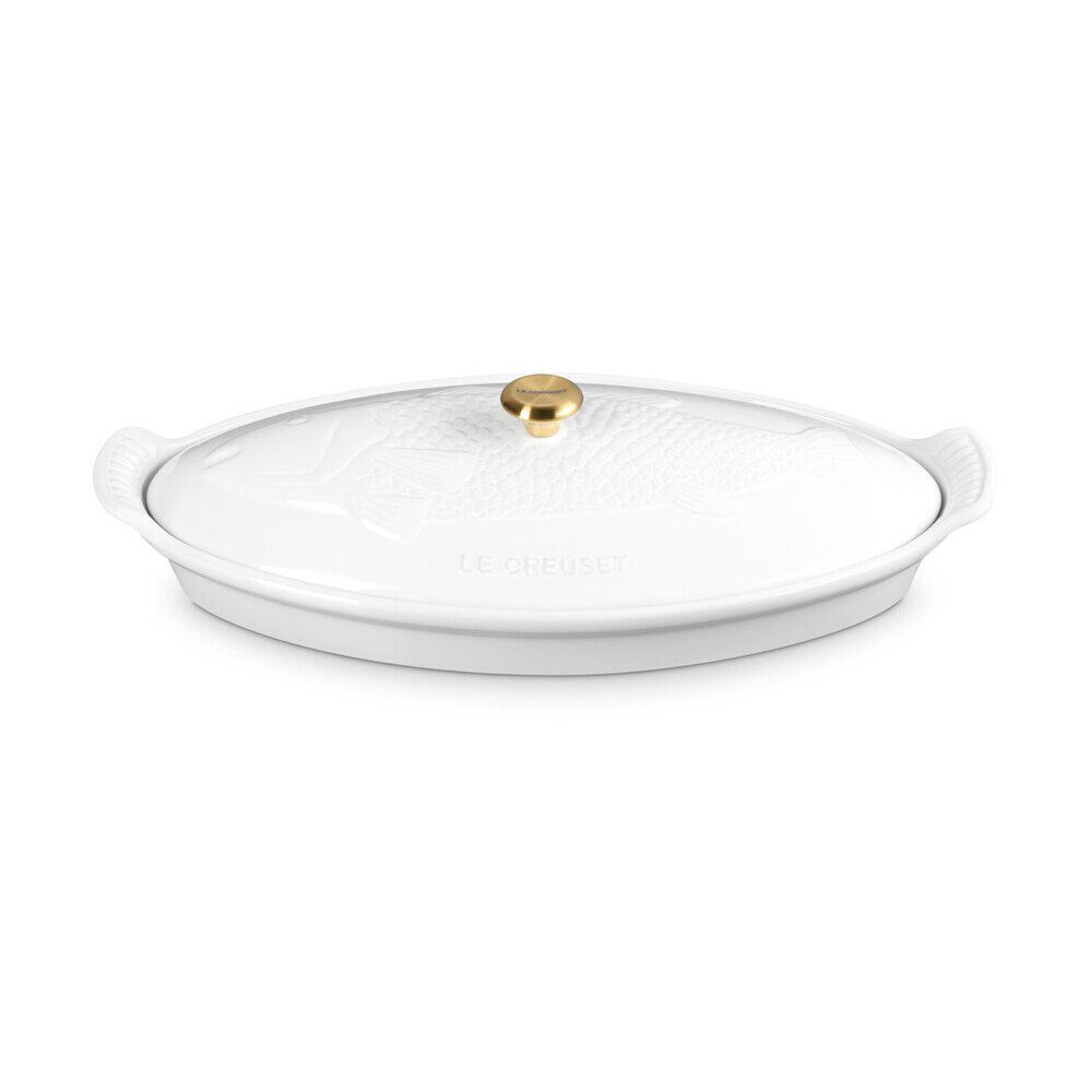 LE CREUSET Backform Fischbackform mit Deckel 34 cm Tradition White, (1-tlg), 1,6l, Steinzeug, mikrow.- & spülm.sicher, glasiert, weiß