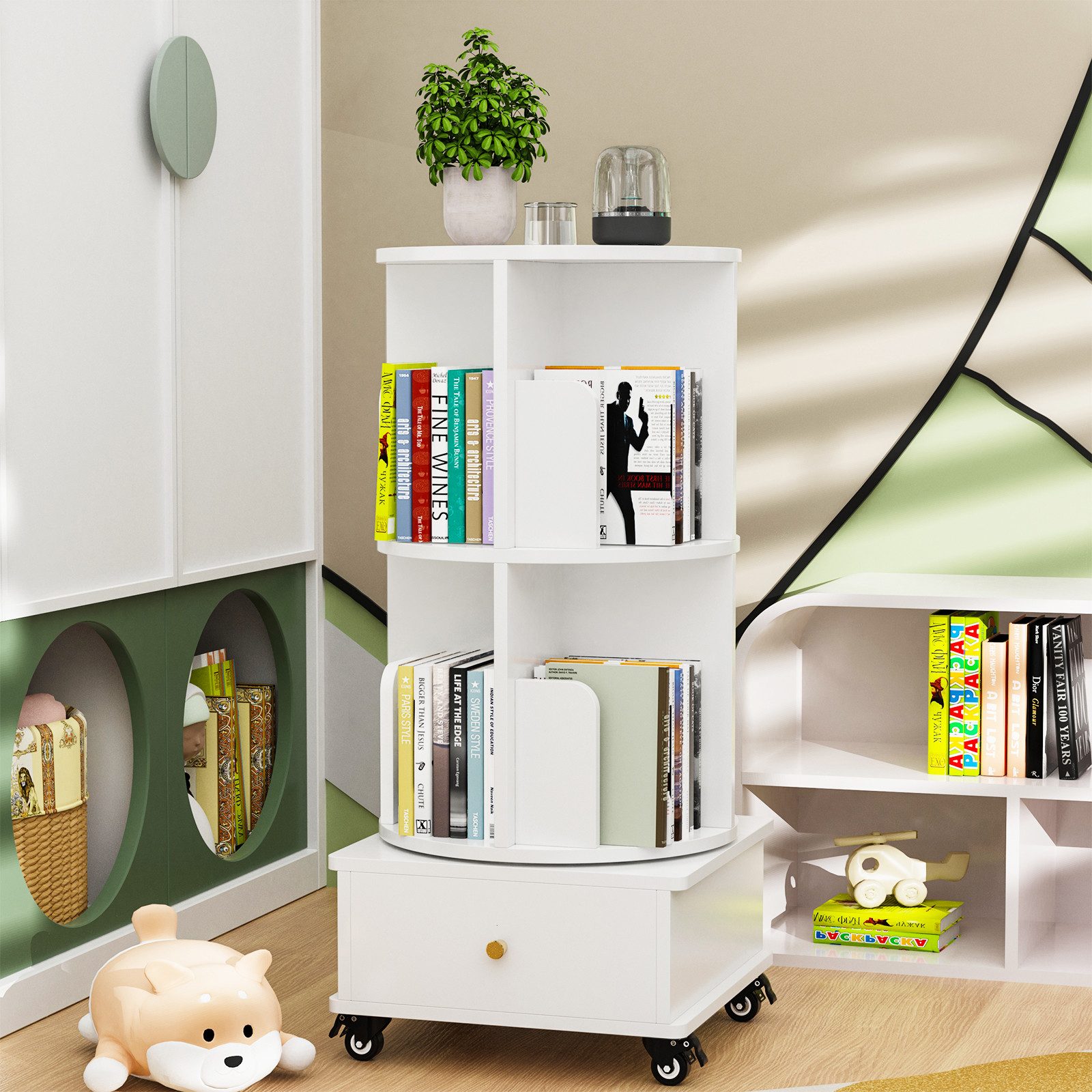 JEOBEST Bücherregal Drehbare Bücherregal, Standregal mit Schubladen, 1-tlg., 360° Rotating Bookshelf, mit Rollen
