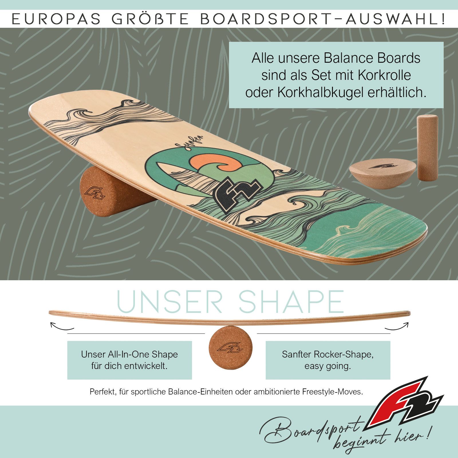 F2 Balanceboard F2 Set Balance Board Pill 86x30cm mit Korkrolle