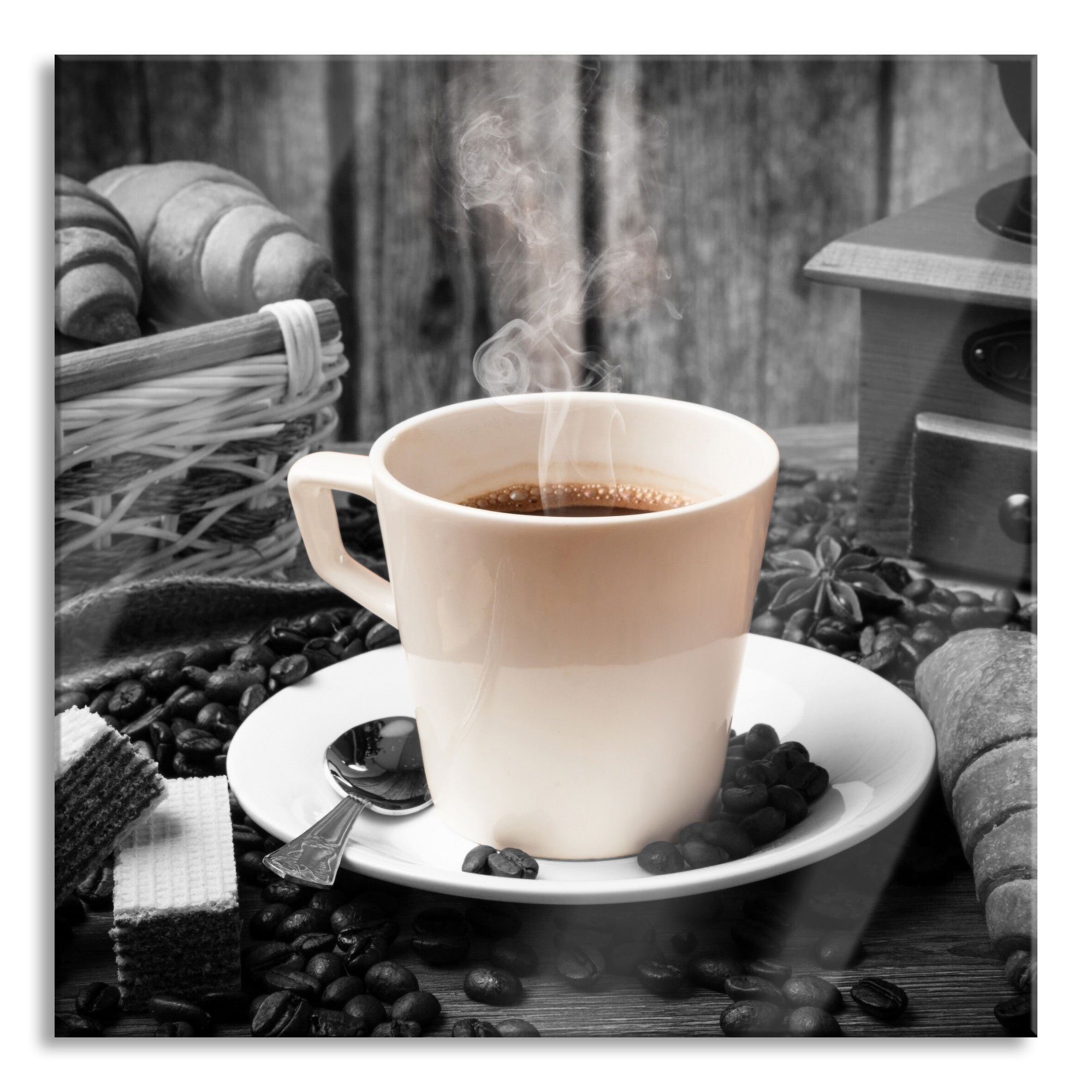 inkl. frisch Pixxprint frisch Kaffee, Aufhängungen Glasbild aus Glasbild Abstandshalter St), (1 aufgebrühter Echtglas, aufgebrühter Kaffee und