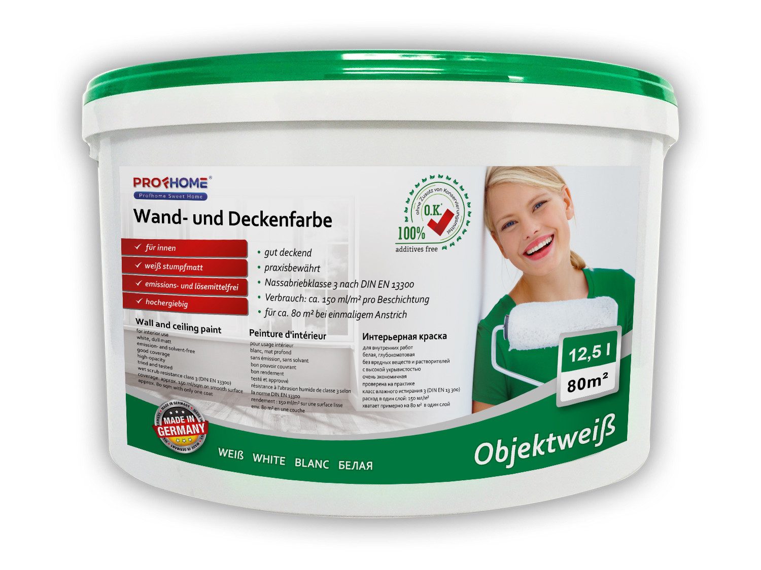 Profhome Wand- und Deckenfarbe Wandfarbe Objektweiß Innenfarbe Farbe matt weiß 12,5 L max. 80 qm