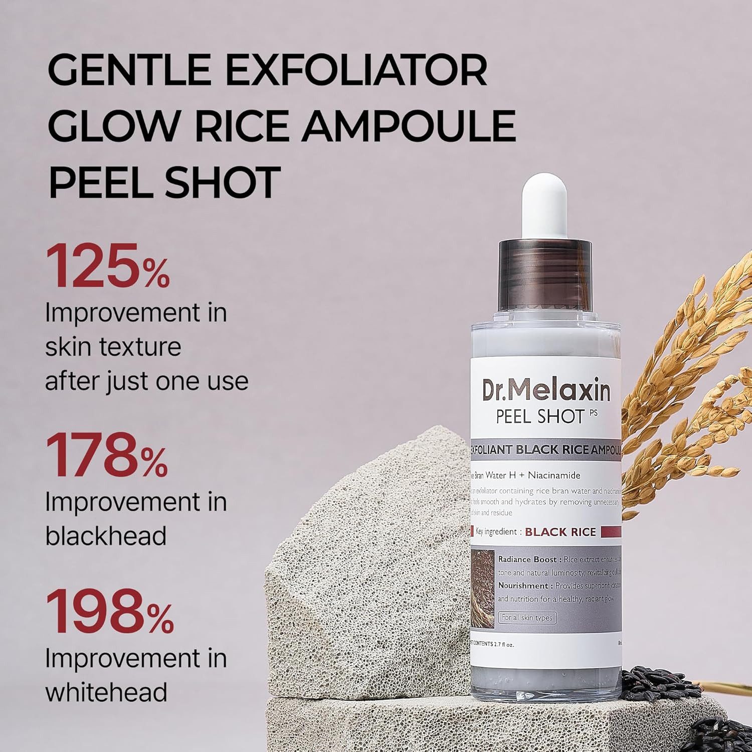 Dr.Melaxin Gesichtsserum Peel Shot Exfoliating Black Rice Ampoule 80 ml – weiches Peeling für Gesicht & Körper, entfernt abgestorbene Hautzellen, Porenpflege, mit AHA BHA PHA, Black Rice Ampoule für alle Hauttypen
