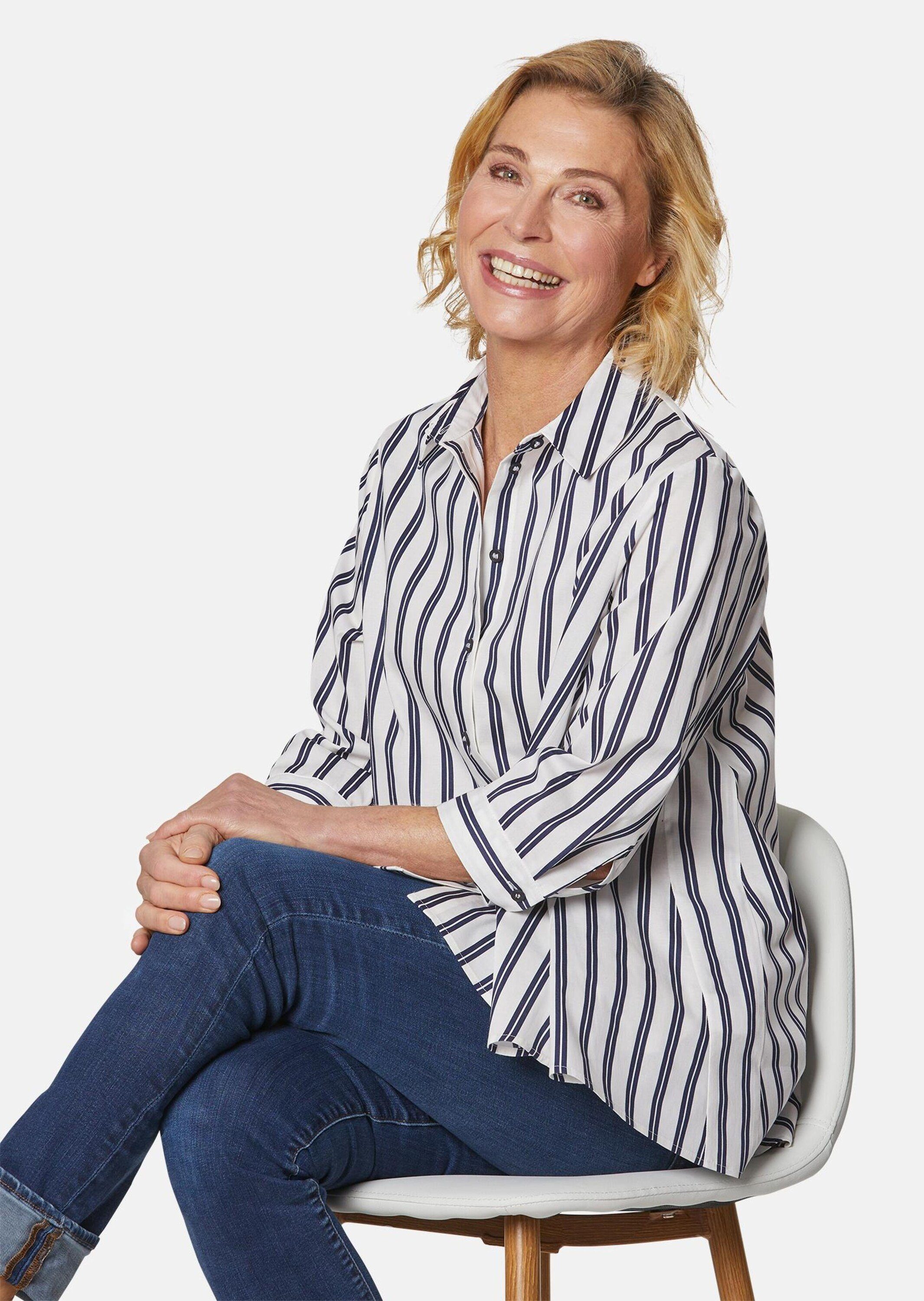 GOLDNER Klassische Bluse Baumwoll-Bluse 3/4-Arm Streifen Sportiver Doppelstreifen, klassischer Hemdkragen, breiter Abschluss – Bild 4 von 5