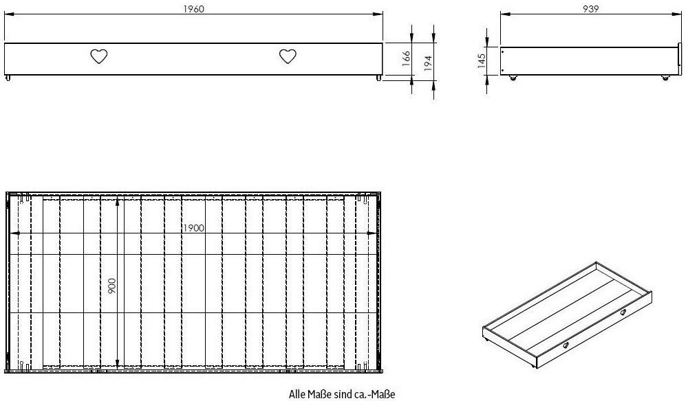 Vipack Bettschubkasten Amori (Made in Europe), Bettschublade auf Rollen für das Hausbett Amori, Innenmaß 90 x 190 cm