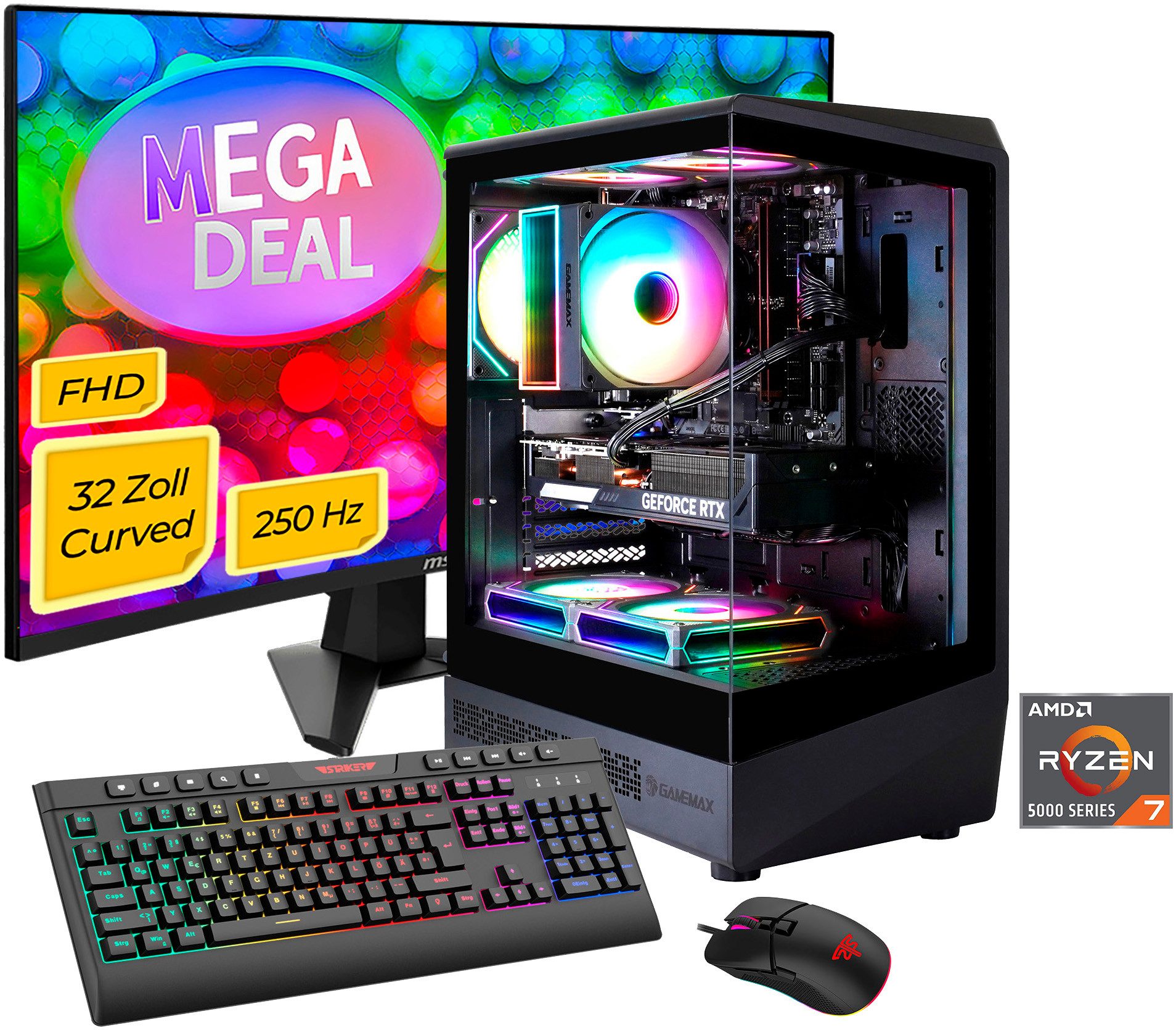 GAMEMAX MegaDeal VISTA COC AB 2868 AMD Ryzen 7 5700X 16GB 1TB SSD RTX 5060 Gaming-PC-Komplettsystem (32", AMD Ryzen 7 5700X, RTX 5060, 16 GB RAM, 1000 GB SSD, Windows 11 + MSI MAG 32C6X Curved Monitor 80cm (32)
