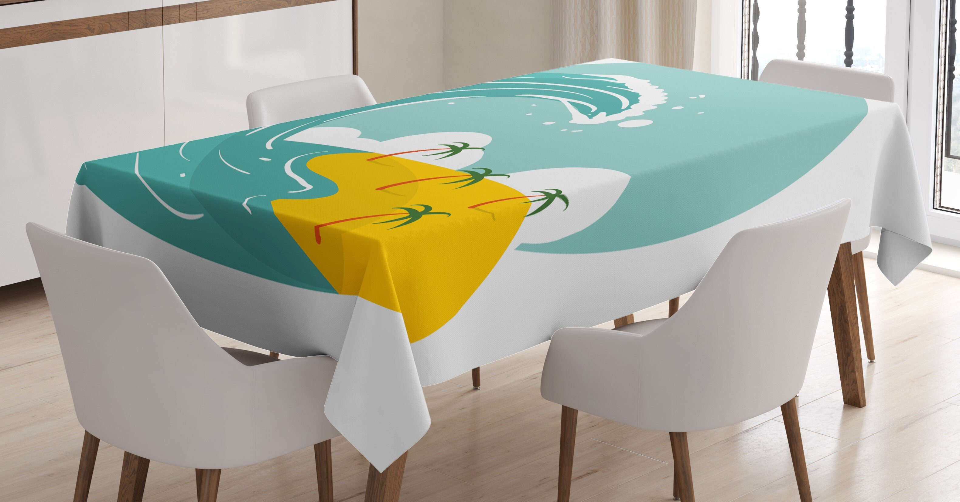 Abakuhaus Tischdecke Farbfest Waschbar Für den Außen Bereich geeignet Klare Farben, Grafik-Strand Big Wave und Palmen