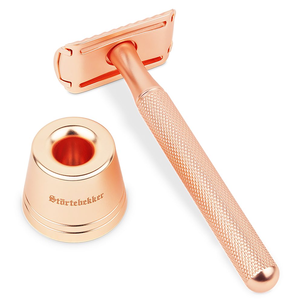 Störtebekker Rasierhobel Set 'Oslo' inkl. Rasierständer in matter Optik und 10 Klingen, Rutschfester Griff. Matt polierte Edelstahl-Optik. Rasier-Set