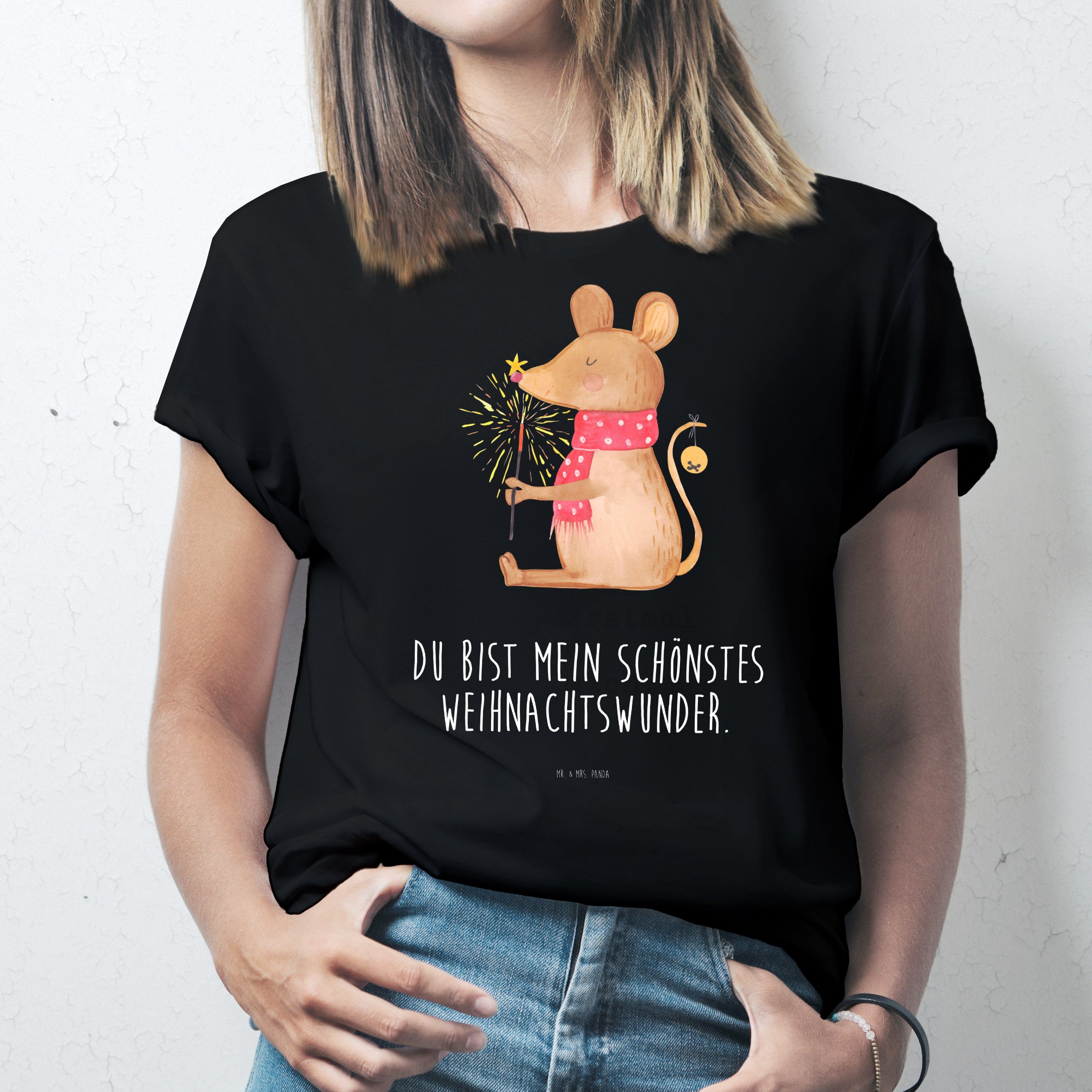 Mr. & Mrs. Panda T-Shirt Maus Weihnachten, Shirt, Schwarz, Shirt, Weihnachten, Frohe, Weihnach (Packung) T-Shirt mit Aufdruck Statementshirt T-Shirt Größe S