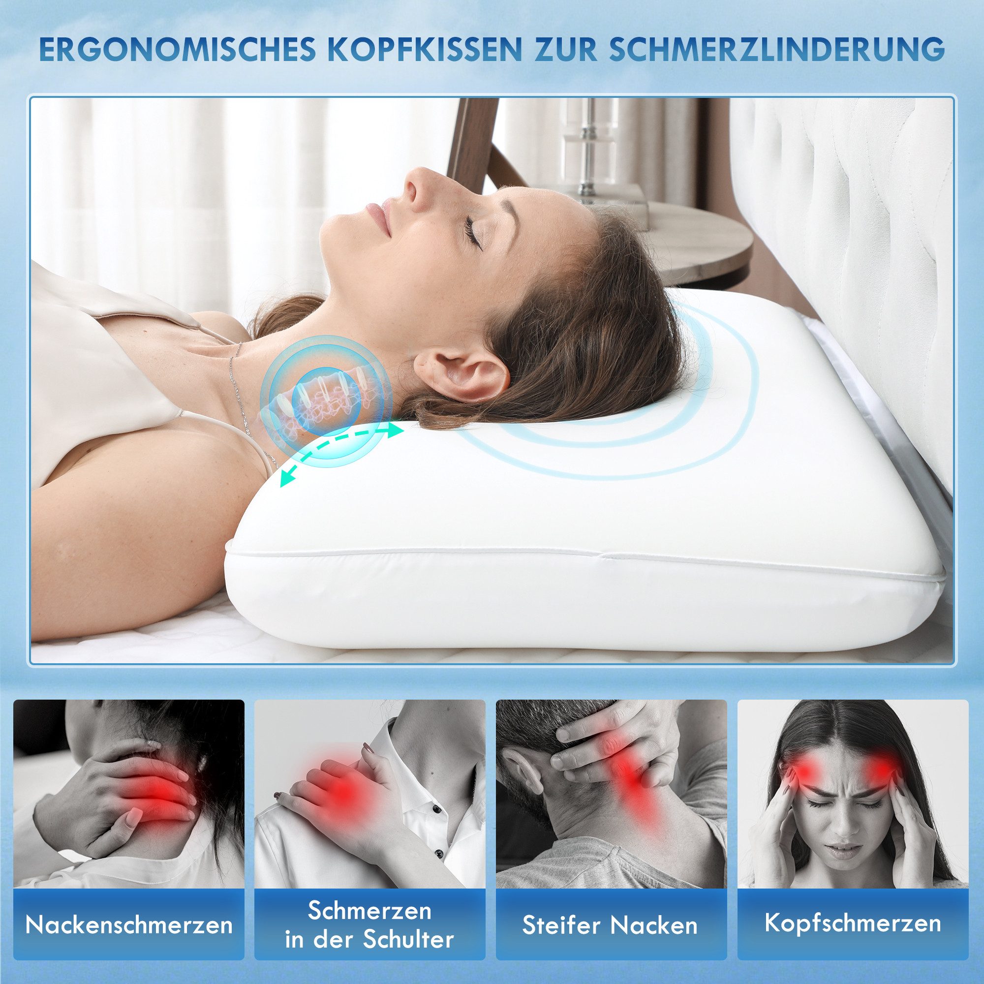 HOMCOM Kopfkissen Memory Schaum Kissen, Nackenstützkissen mit abnehmbarem Bezug, Füllung: Memory Schaumstoff, Bezug: 88% Nylon, 12% Spandex, Seitenschläfer, Rüc – Bild 5 von 5