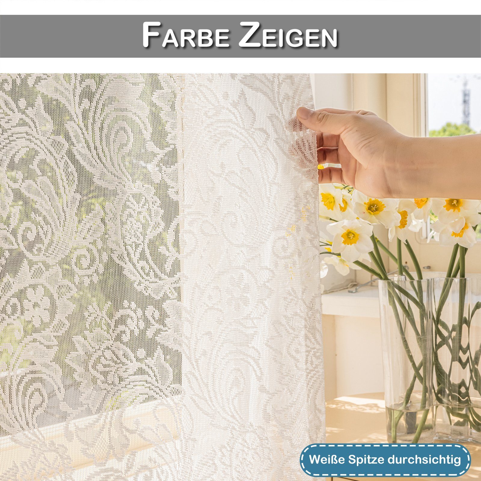 Scheibengardine, Perlen Gardine Wohnzimmer mit Deko St), Gardinen, Floral,Spitze,Stabtaschenkopf(1/2St), BTTO, Stangendurchzug, für 140x200; Schlafzimmer 140x100; 140x150; Transparent, B*H: 140x250cm, (1