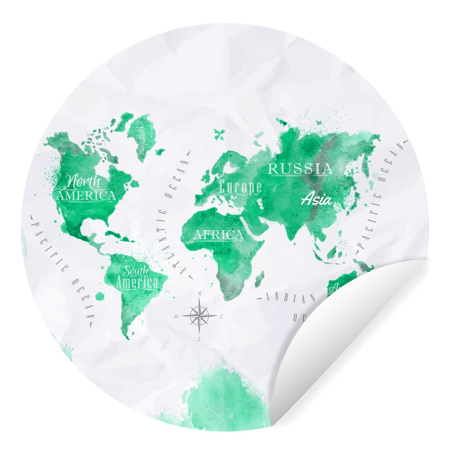 MuchoWow Wandsticker Weltkarten - Grün - Farbe (1 St), Tapetenkreis für Kinderzimmer, Tapetenaufkleber, Rund, Wohnzimmer