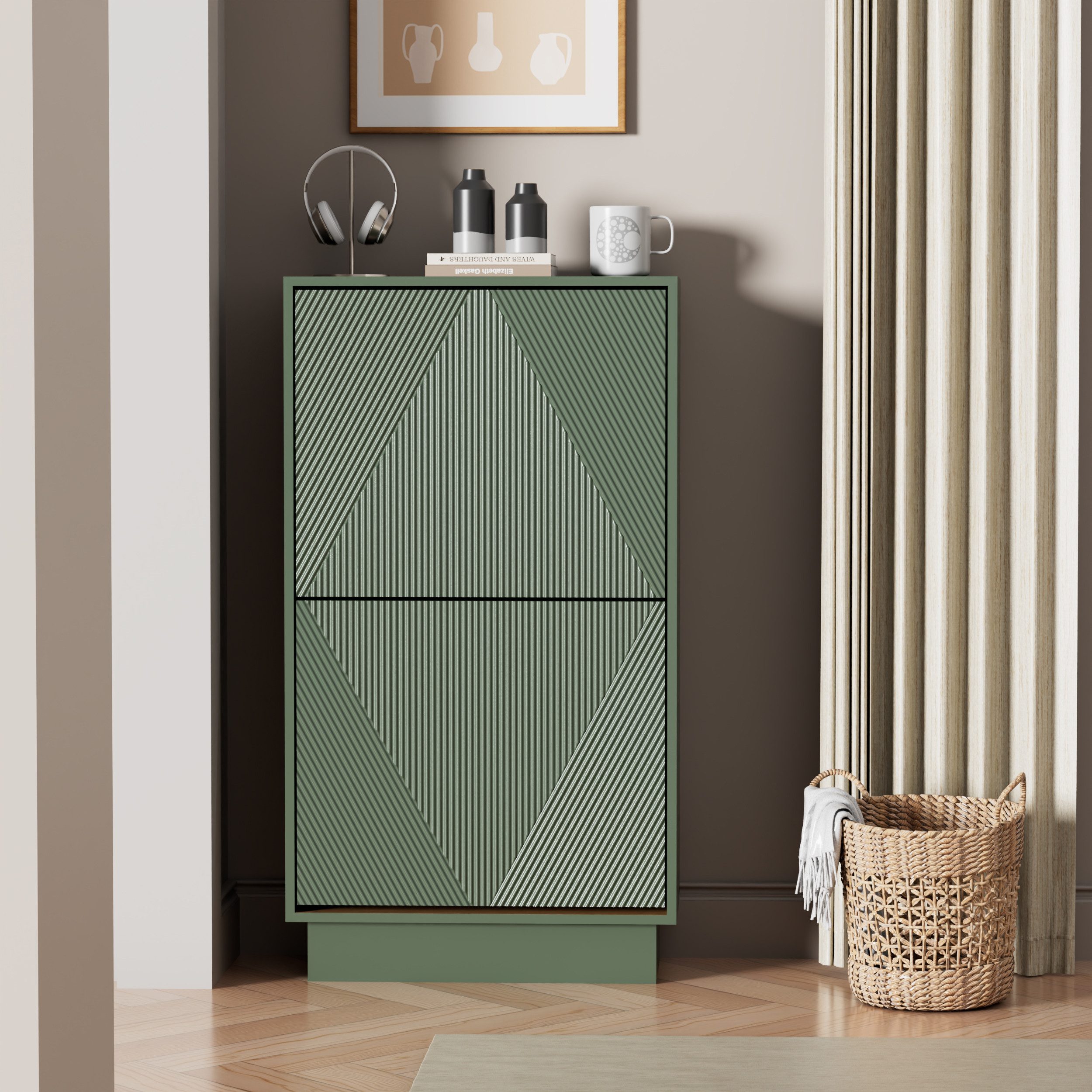 UEV Schuhschrank mit 2/3 Klappen schmal Schuhkommode mit Kippschutz Schuhregal (Packung, Schuhständeregal mit Drucktüröffner für Flur Eingang Platzsparend) Trennwände verstellbar und abnehmbar für verschiedene Schuhtypen