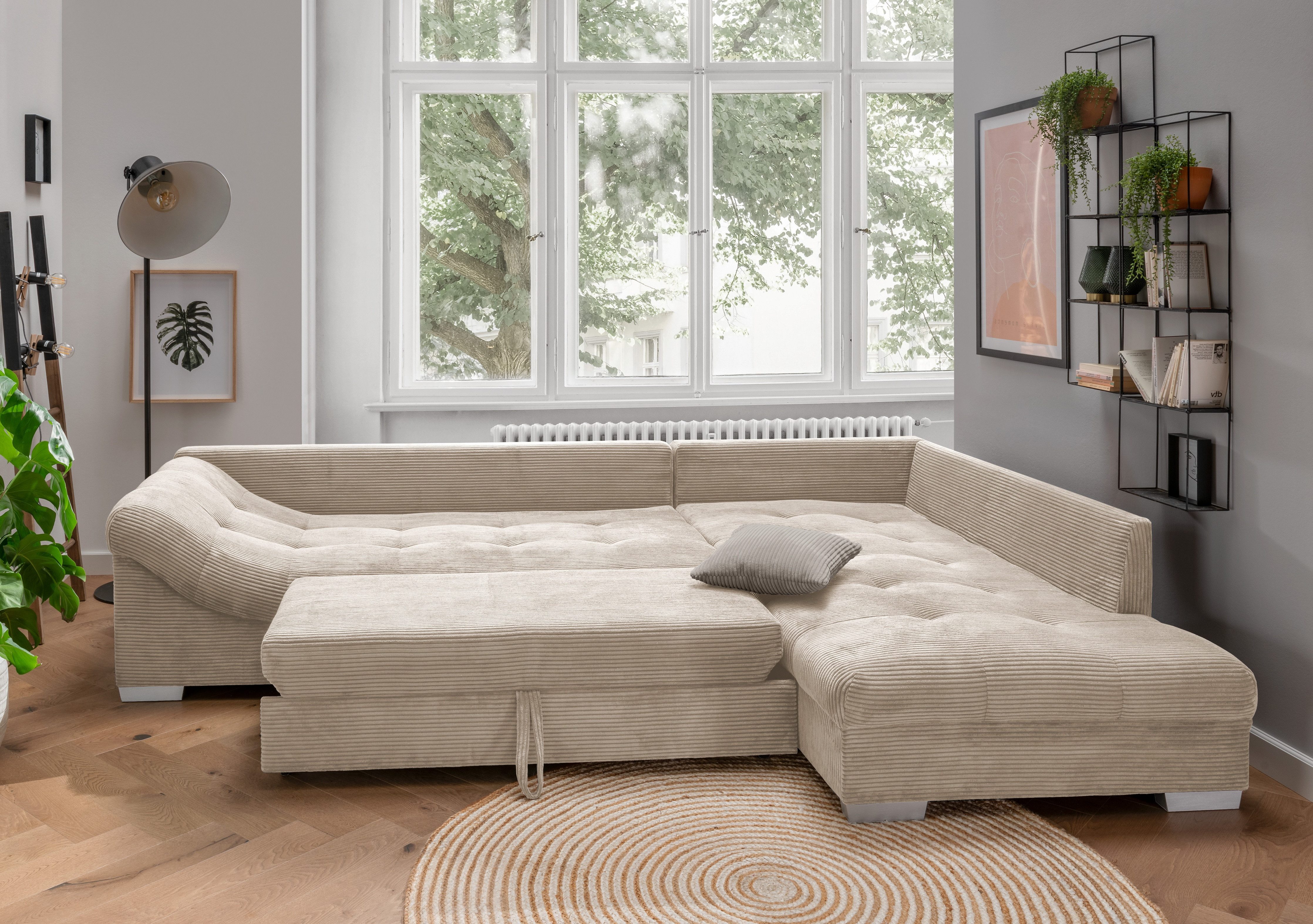 luma-home Ecksofa 17203-OTTO, mit Bettfunktion B298/T202/H84 cm, Liegefläche 154x227 cm, Wellenunterfederung, Ottomane rechts, Bezug Cord Beige