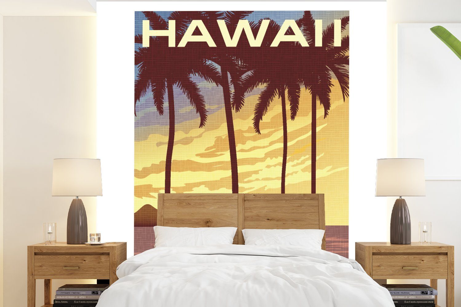 MuchoWow Fototapete Hawaii - Jahrgang - Palme, Matt, bedruckt, (4 St), Vliestapete für Wohnzimmer Schlafzimmer Küche, Fototapete