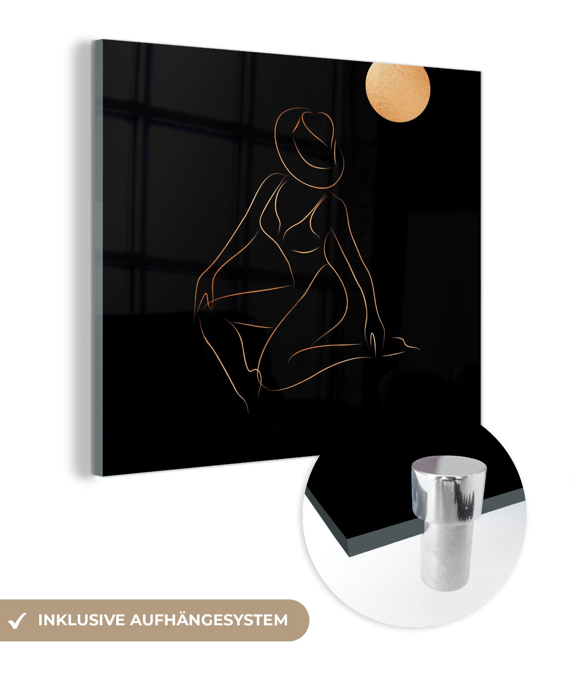 MuchoWow Acrylglasbild Frau - Mond - Gold - Schwarz, (1 St), Glasbilder - Bilder auf Glas Wandbild - Foto auf Glas - Wanddekoration