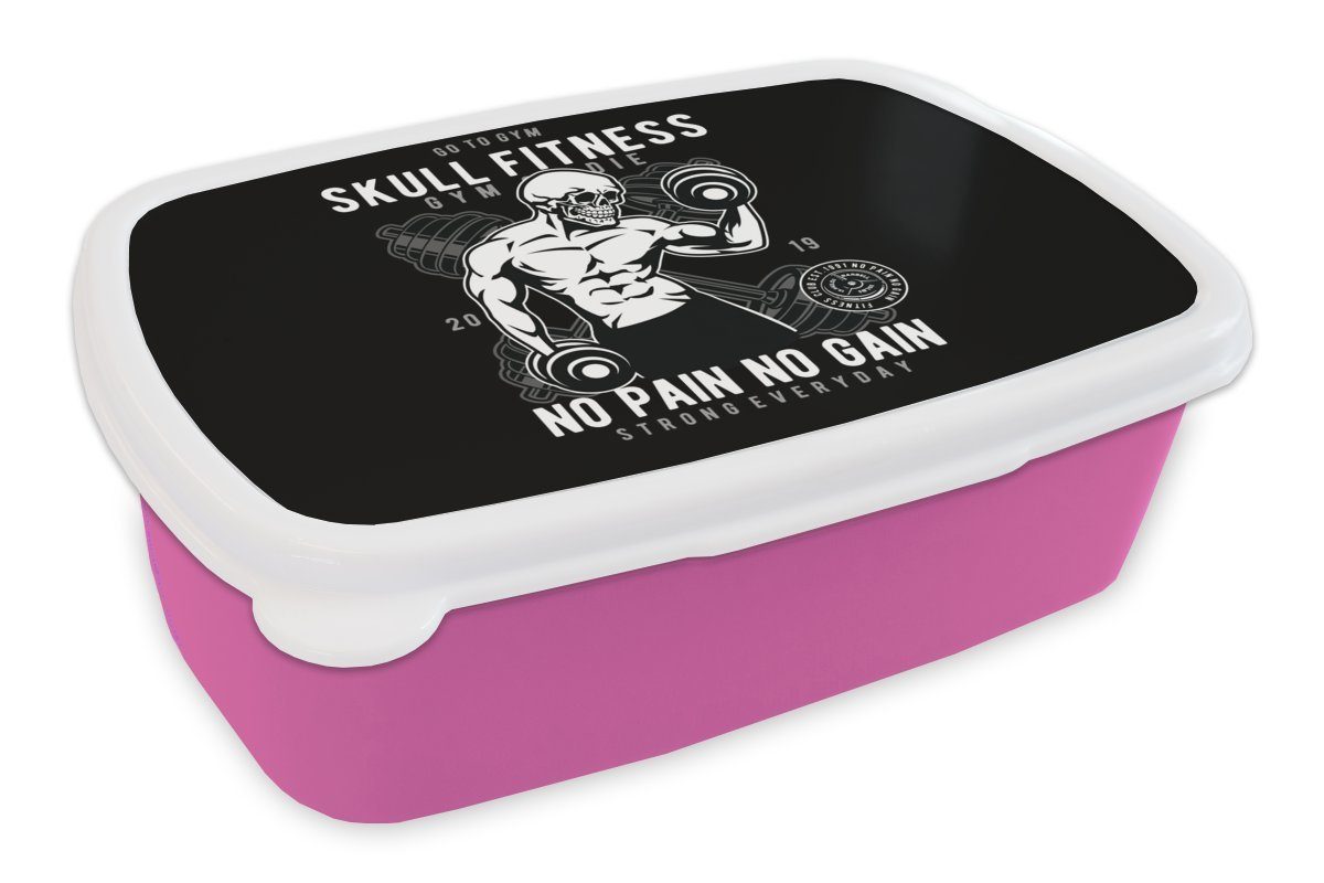 MuchoWow Lunchbox Gewichte - Fitness - Skelett - Vintage, Kunststoff, (2-tlg), Brotbox für Erwachsene, Brotdose Kinder, Snackbox, Mädchen, Kunststoff rosa
