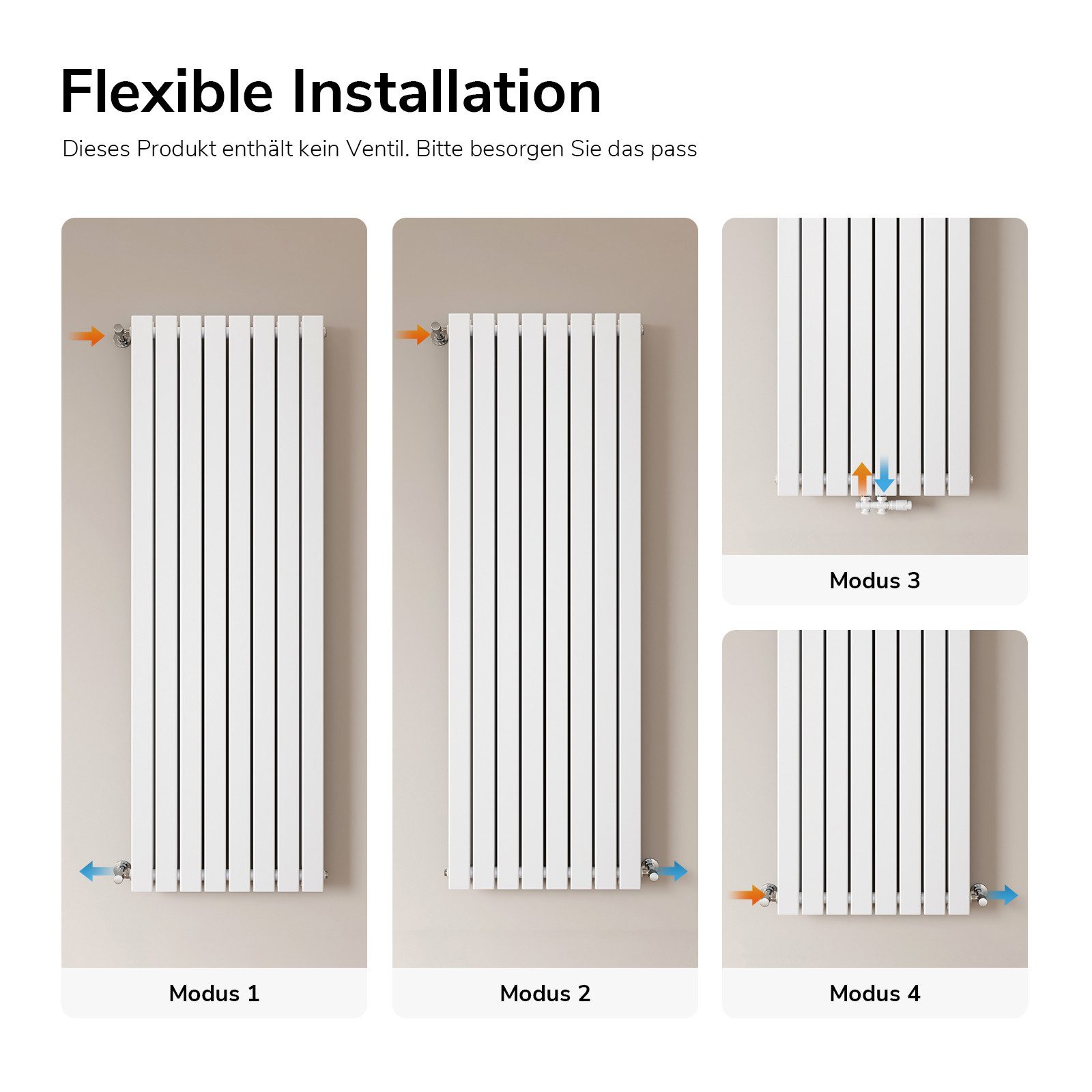 EMKE Heizkörper Flach Vertikal Doppellagig Design Paneelheizkörper Höhe: 160/180cm, 1895W für 19qm Raum Mittelanschluss Weiß – Bild 4 von 5