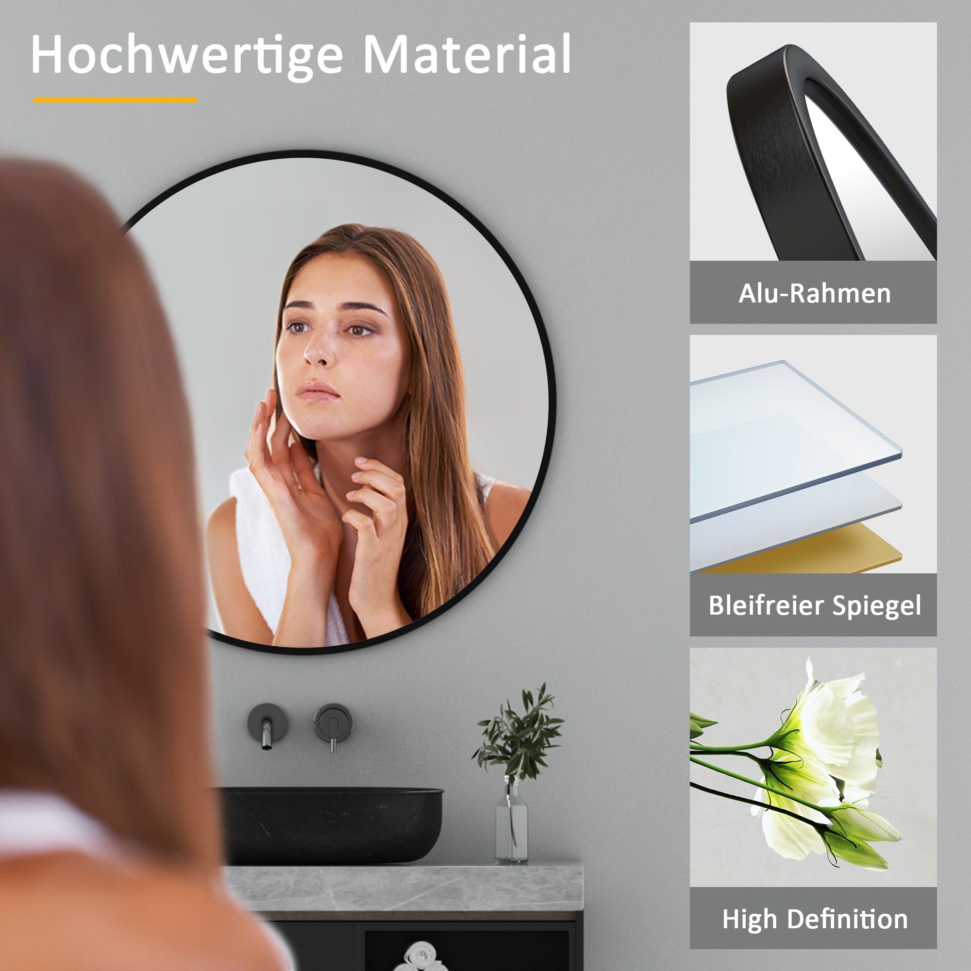 Boromal Wandspiegel Rund 60cm 80cm 100cm 40cm Schwarz Spiegel Gold Badezimmer Groß (Runder Badezimmer Spiegel), Badezimmerspiegel Metallrahmen Badspiegel 5mm Gl – Bild 3 von 5