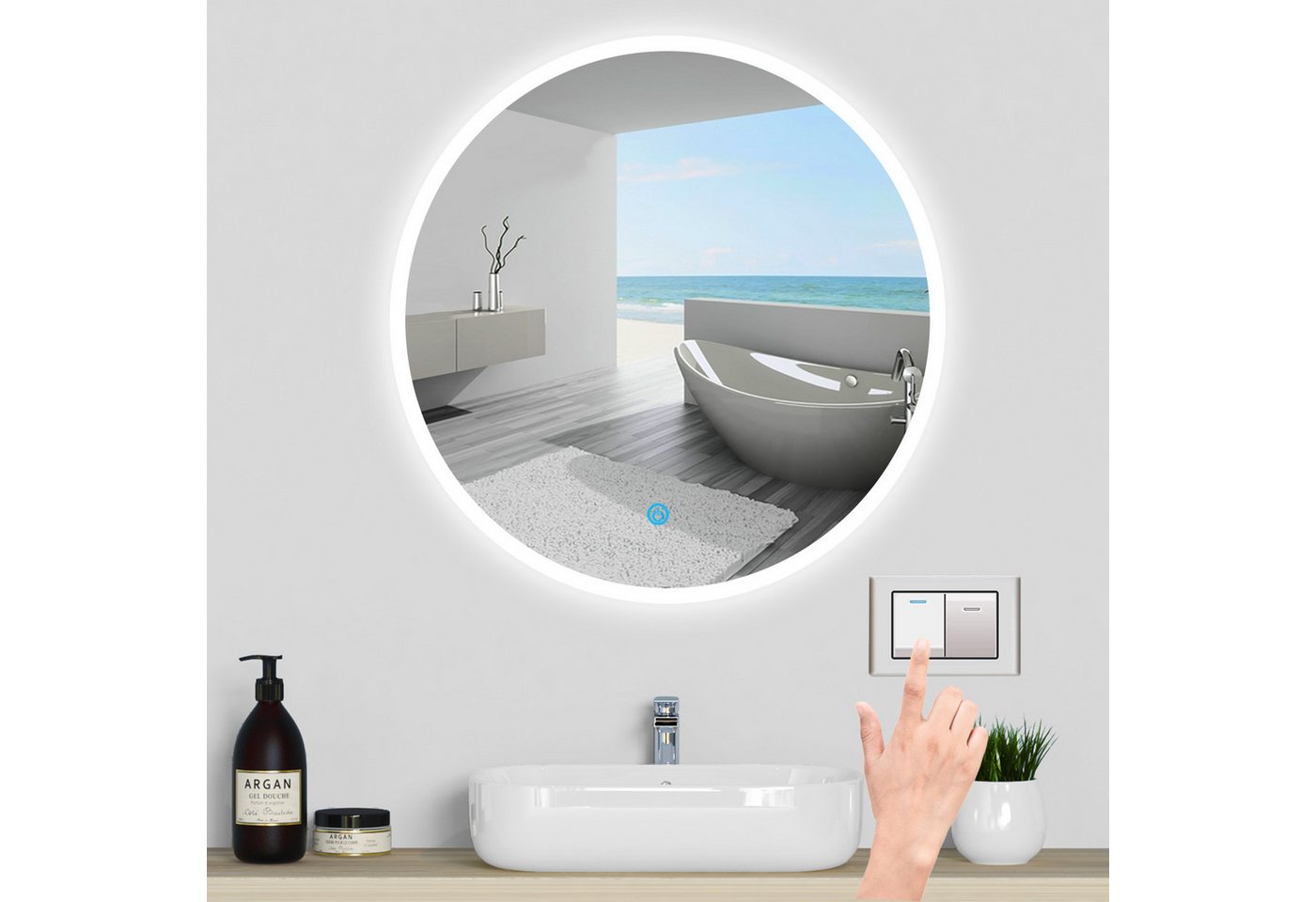 duschspa Badspiegel Rund Badezimmerspiegel Wandspiegel mit LED Beleuchtung Touch, Φ 40/50/60/70/80/90/100 cm runder Spiegel