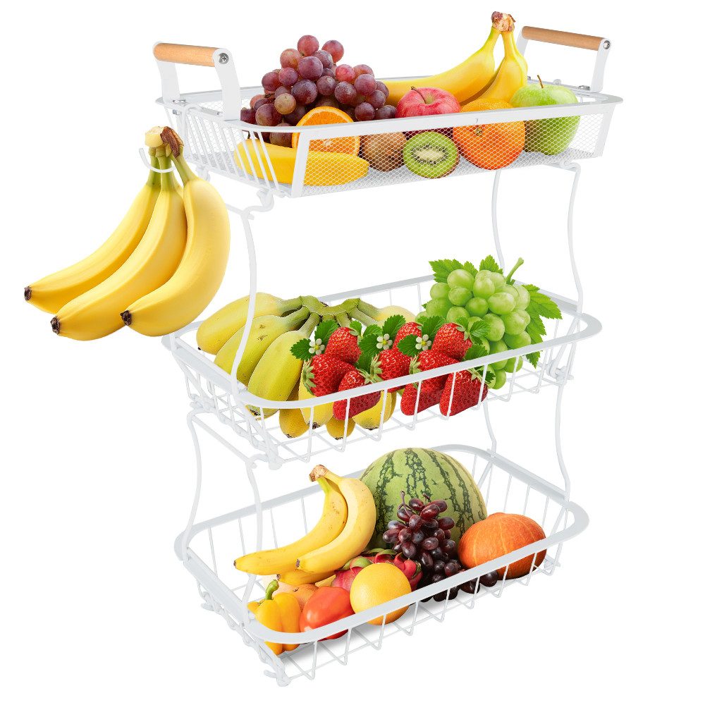 Obstschale Obst Etagere mit 2 Bananenaufhängern, Obst-Gemüsekorb