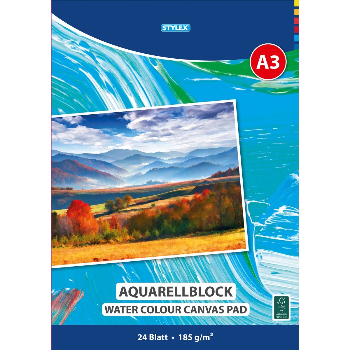 Stylex Aquarellblock STYLEX Aquarellblock kopfgeleimt 185g/m² DIN A3 24 Blatt