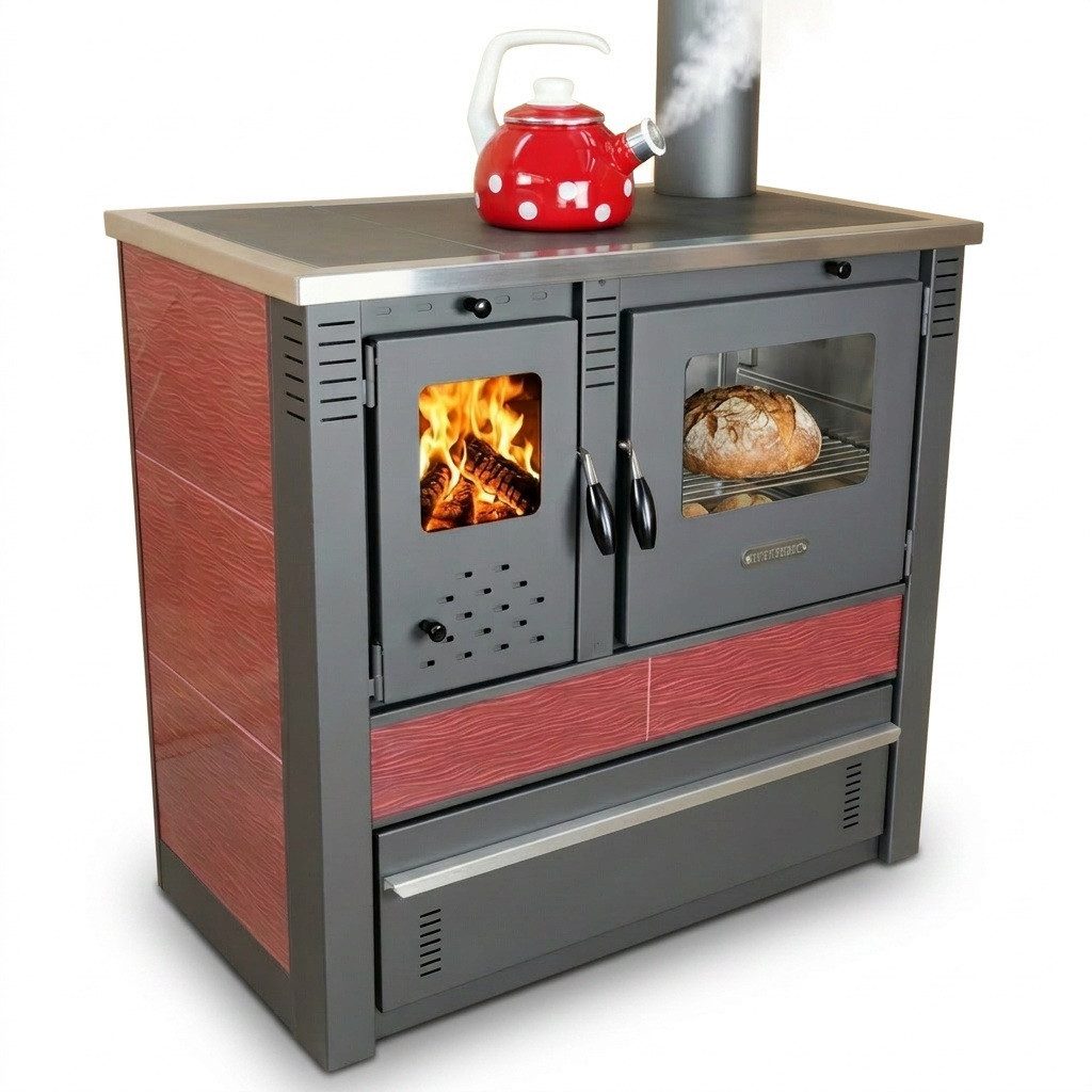 ProTermo Festbrennstoffherd PANONIA Kacheln bordeaux, rechte Version, 8,5 kW