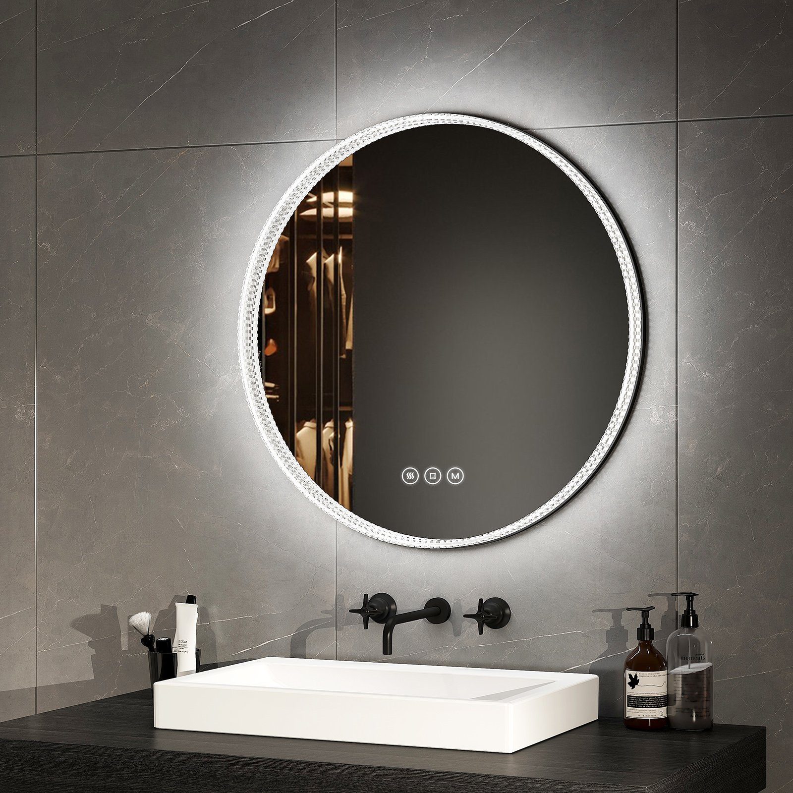EMKE Badspiegel 60 cm LED Badezimmerspiegel 3 Lichtfarben Acryl Rahmen Spiegel, Wandspiegel mit Touch, Antibeschlage,Dimmbar, Memory-Funktion Schwarzer Rand