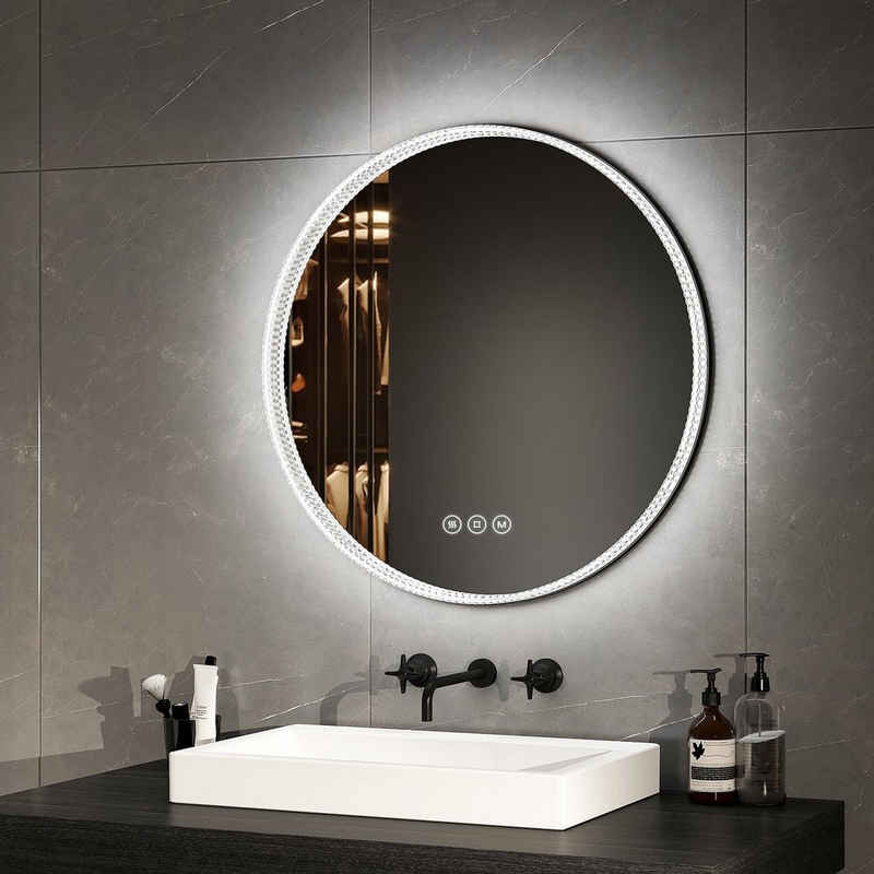 EMKE Дзеркало для ванної кімнати 60 cm LED Текстиль для ванниspiegel 3 Lichtfarben Acryl Rahmen Spiegel, Wandspiegel mit Touch, Antibeschlage,Dimmbar, Memory-Funktion