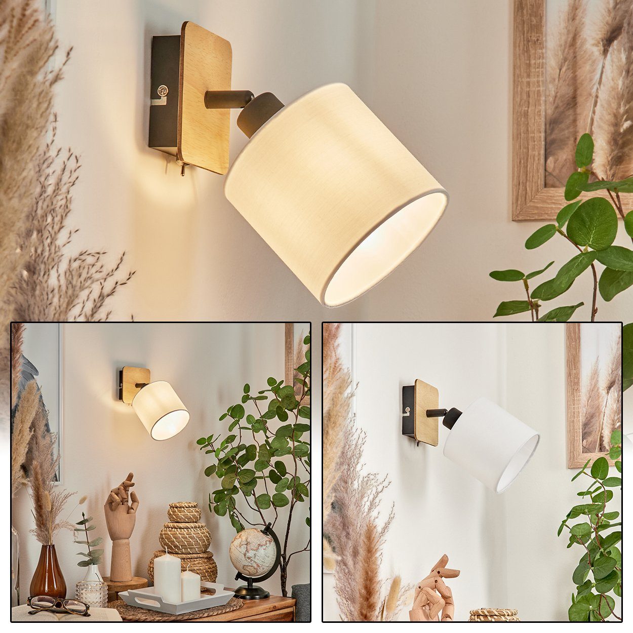 hofstein Wandleuchte »Costa« verstellbare Wandlampe, Holz/Metall/Stoff,  Hellbraun/Schwarz, ohne Leuchtmittel, skandinavischen Design mit  verstellbarem Schirm (12cm), 1xE14, Weiß