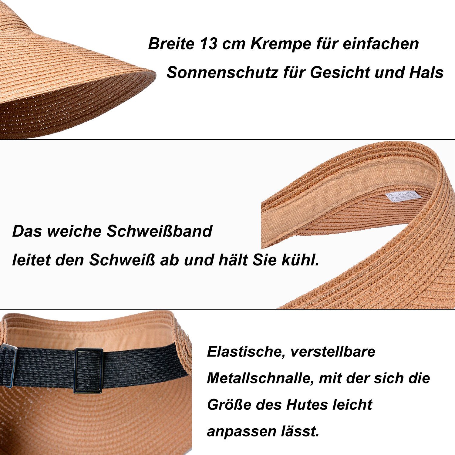 autolock Sonnenhut Sonnenhut Damen mit großer Krempe Faltbar Visor Cap Strohhut