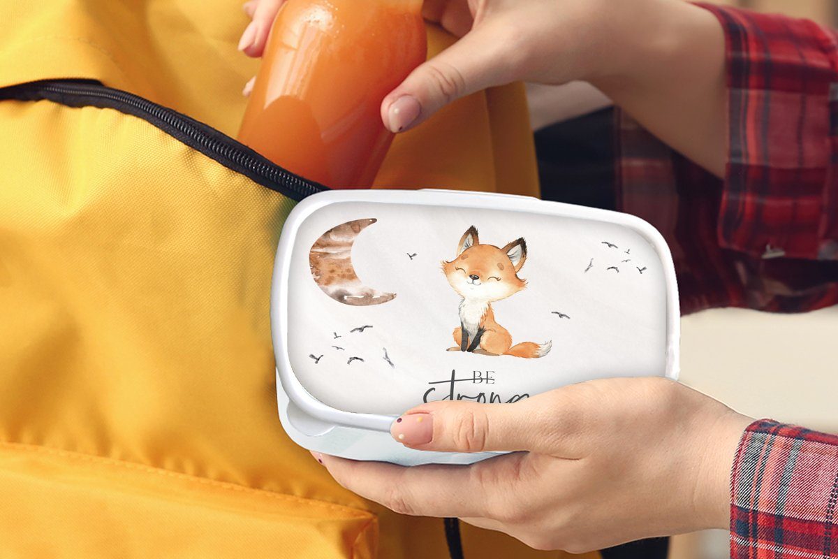 MuchoWow Lunchbox Zitate - Aquarell - Stark sein - Kinder - Fuchs - Tiere, Kunststoff, (2-tlg), Brotdose Schule oder Arbeit, Brotbox für Kinder und Erwachsene