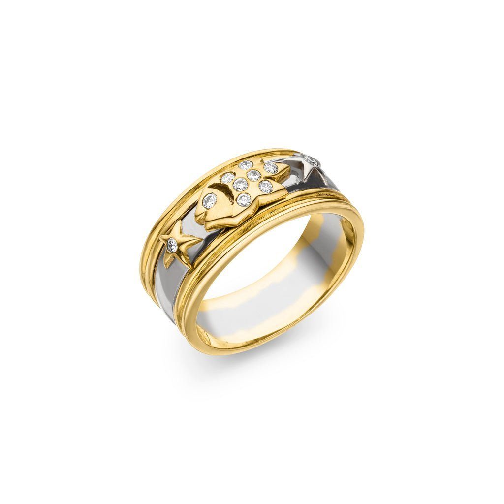 SKIELKA DESIGNSCHMUCK Goldring Diamant Ring "Fish + Stars" (Gelbgold / Weißgold 750), hochwertige Goldschmiedearbeit aus Deutschland