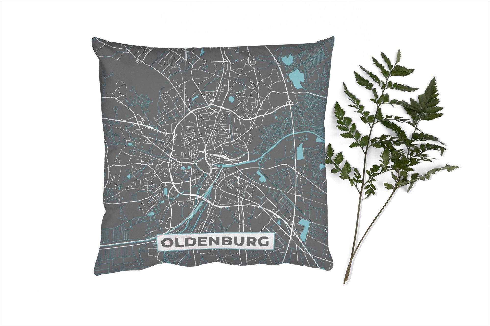 MuchoWow Dekokissen Stadtplan - Deutschlandkarte - Blau - Oldenburg - Karte, Zierkissen mit Füllung für Wohzimmer, Schlafzimmer, Deko, Sofakissen