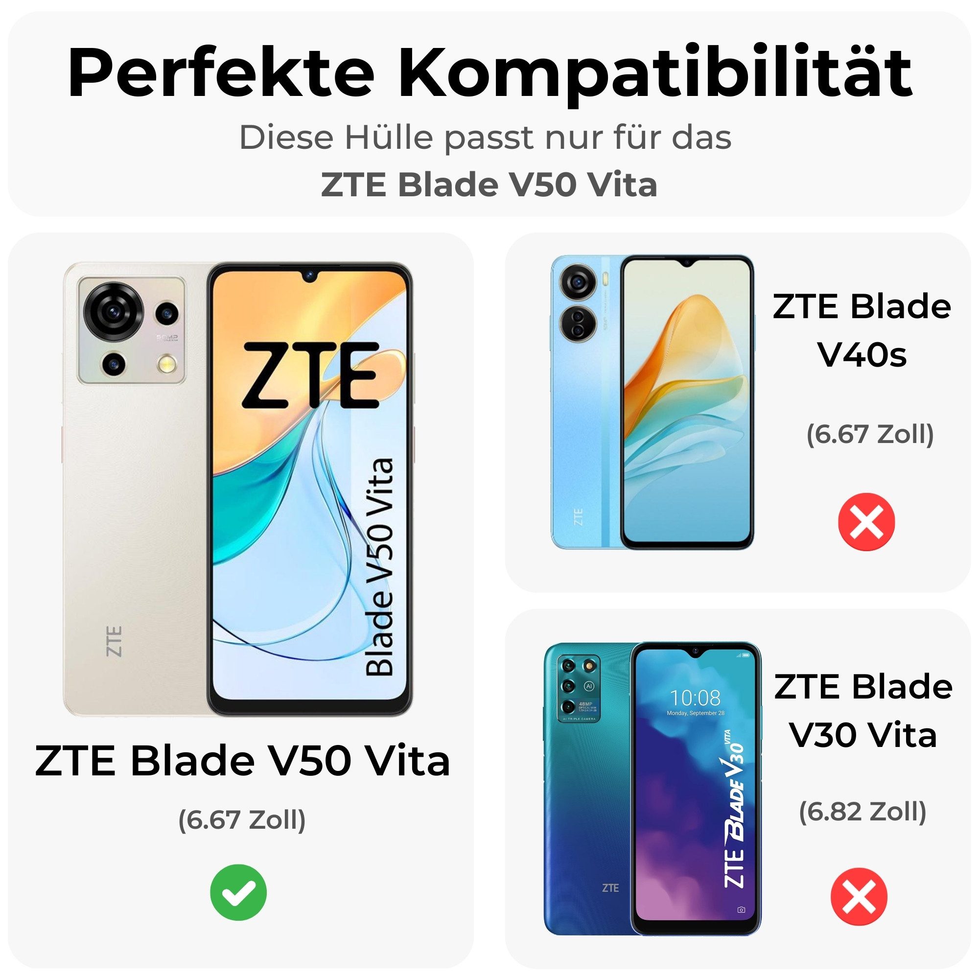 betterfon Handyhülle Handytasche für ZTE Blade V50 Vita Klapphülle, Bookstyle-Hülle: Magnetverschluss 3 Kartenfächer & Standfunktion