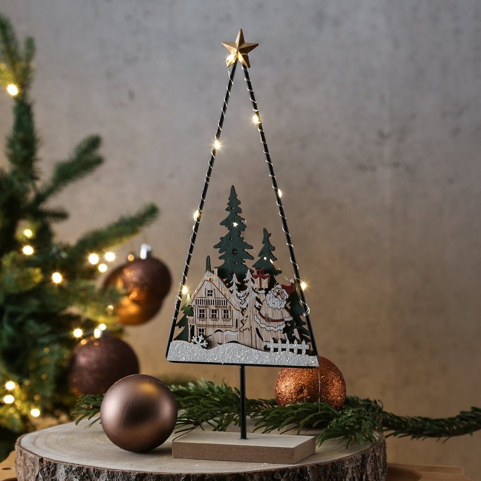 LED Tannenbaum, Weihnachten Tischdekoration beleuchtet LED Baum Dekoobjekt MARELIDA Santa (2100K bis Holz 3000K) warmweiß