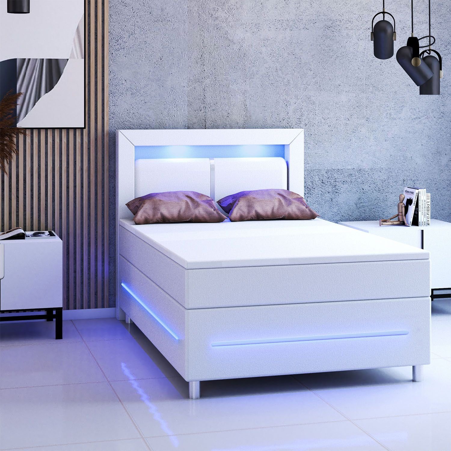 Juskys Boxspringbett Norfolk, 120 x 200 cm, Bett mit Federkernmatratze, Topper, Kopfteil und LED-Beleuchtung weiß