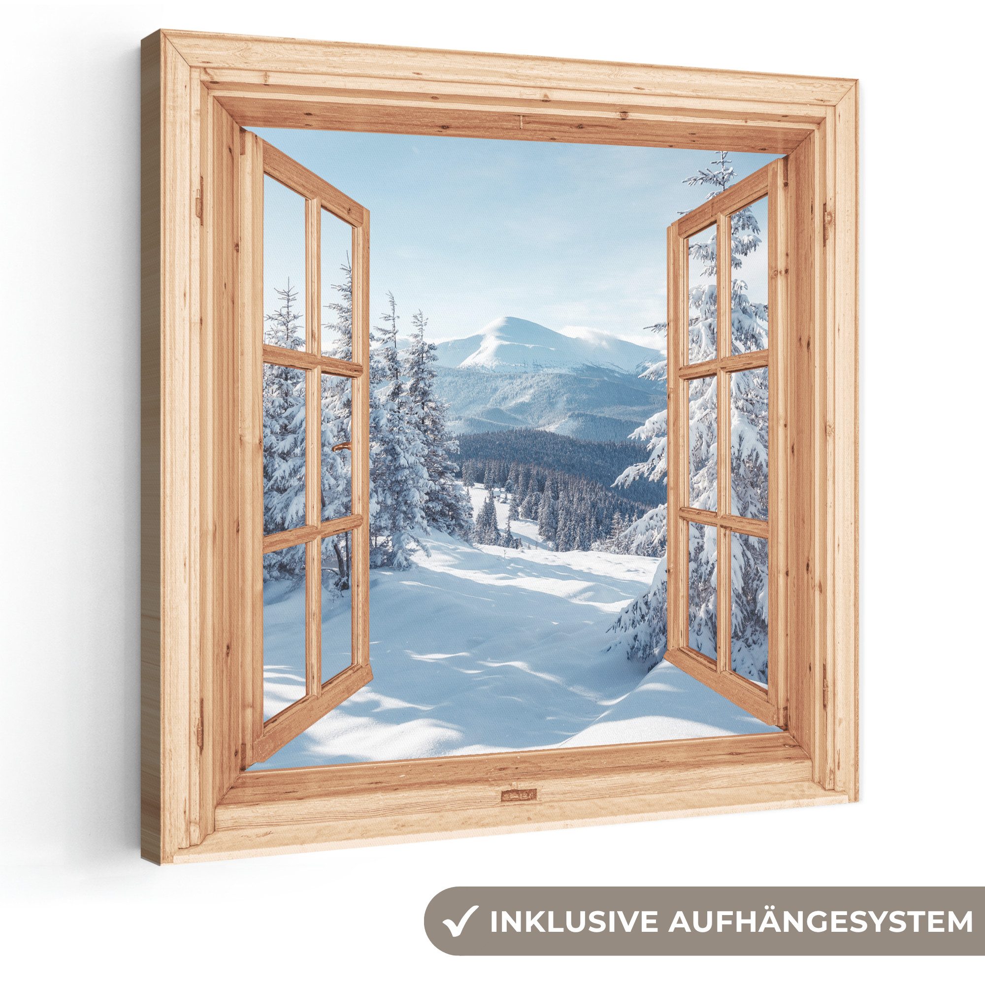 OneMillionCanvasses® Leinwandbild Durchblick - Winterlandschaft - Natur - Berg - Bäume - Holz, Fotodruck (1 St), Wandbild, Deko Schlafzimmer Wohnzimmer Flur 20x20 cm