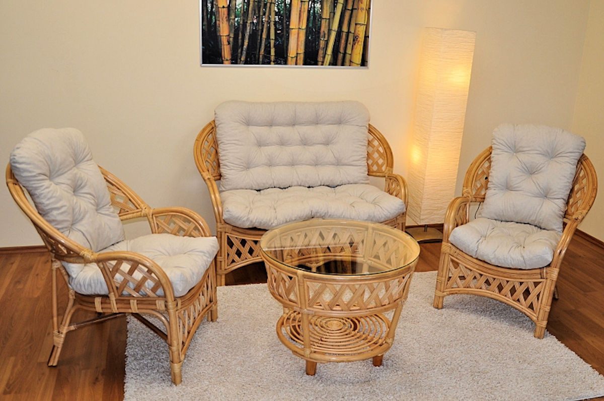 Rattani Rattanstuhl Rattangruppe Rattangarnitur Copacabana 2+1+1, Inkl. hochwertigen Polster in Mirha Leinen Grezzo