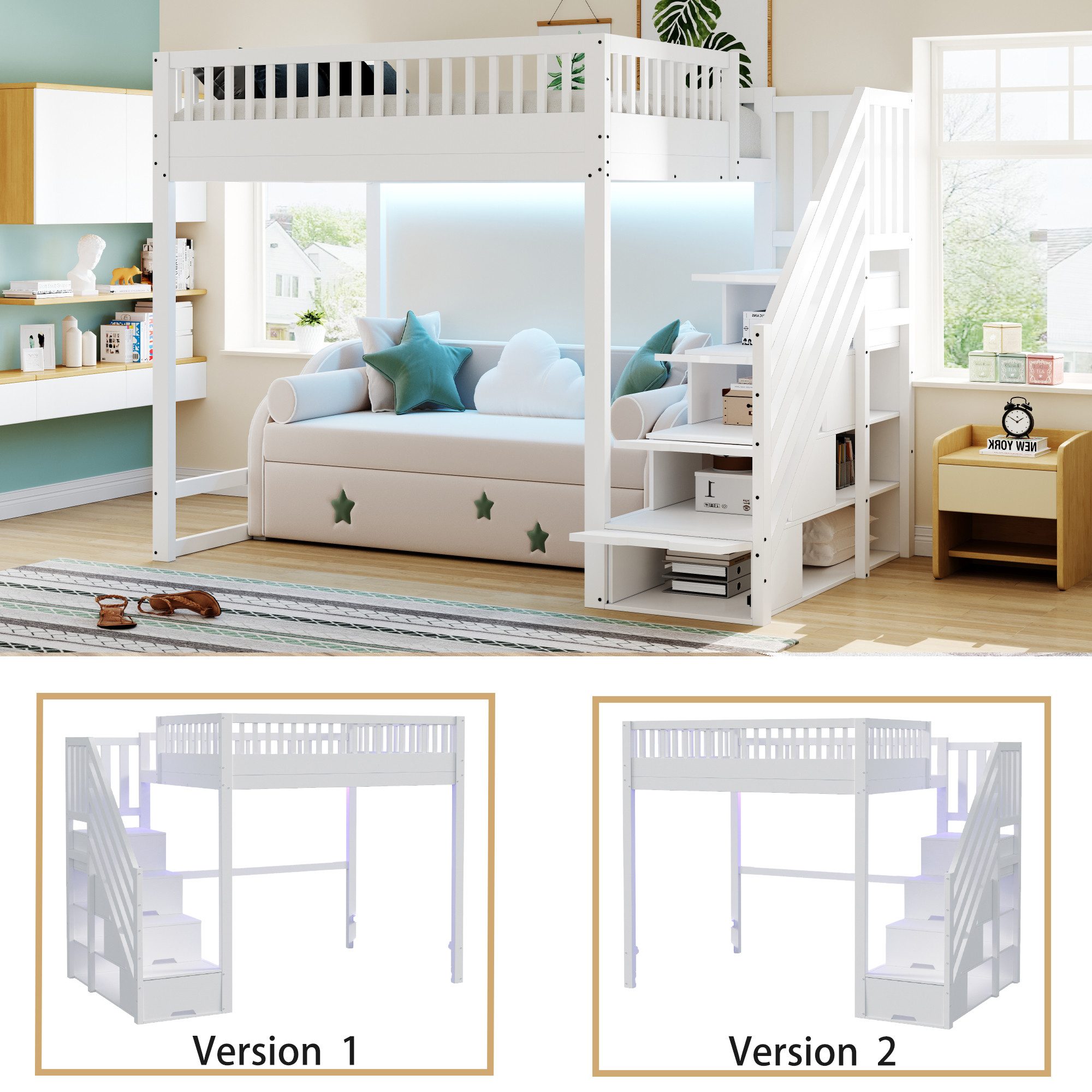Odikalo Hochbett Hochbett mit Stauraum & Treppe, Weißes Holzbett aus Massiver Kiefer (Hochbett 140x200 / 90x200 cm mit Sicherheitsaufbewahrungsleiter, Sicherhei – Bild 4 von 5