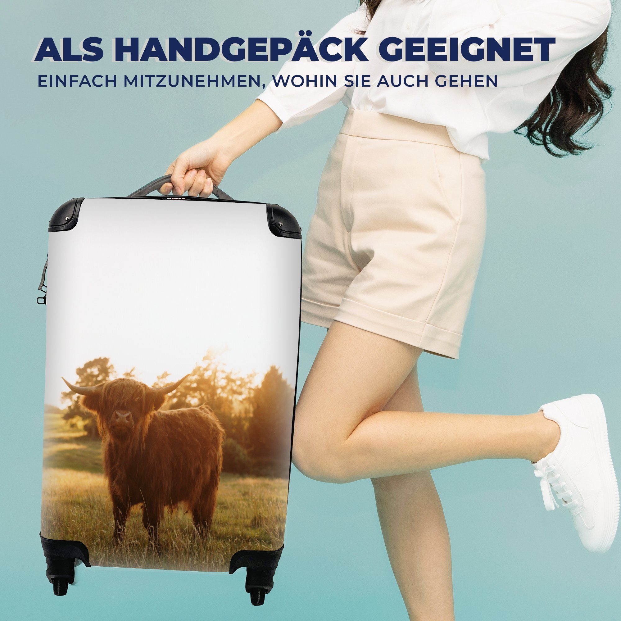 Reisetasche 4 Handgepäckkoffer für rollen, Schottischer Gras MuchoWow - Hochländer - mit Rollen, Handgepäck Ferien, Reisekoffer Sonne, Trolley,