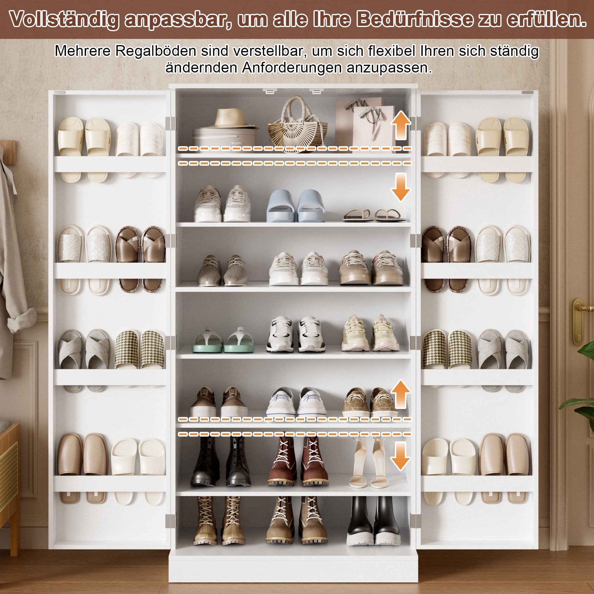 i@home Schuhschrank mit Türen und Ablagefächern (hoher moderner Flurschrank, 80x40x160 cm) Großer Schuhschrank mit viel Stauraum für Diele & Flur Weiß – Bild 2 von 5